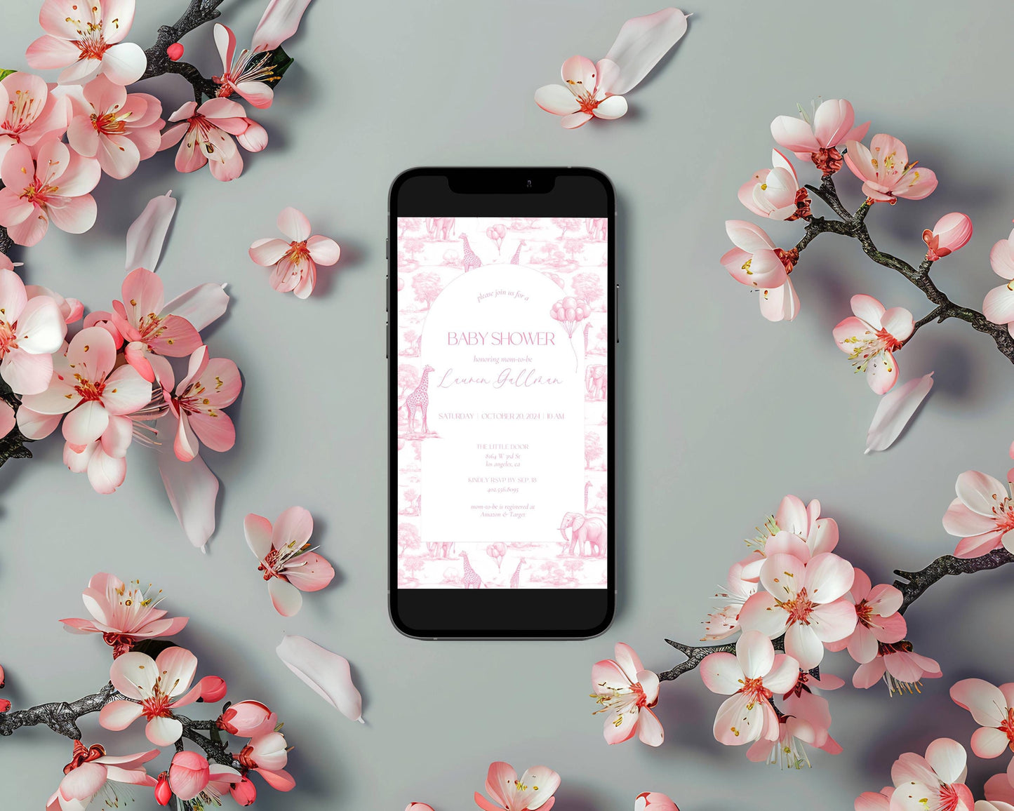 Pink Digital Baby Shower Invitation Template Baby Girl Luxury Blush Pink Mobile Invitation Pink Toile Safari Invite Baby Girl Shower Evite - LAUMIANstudio