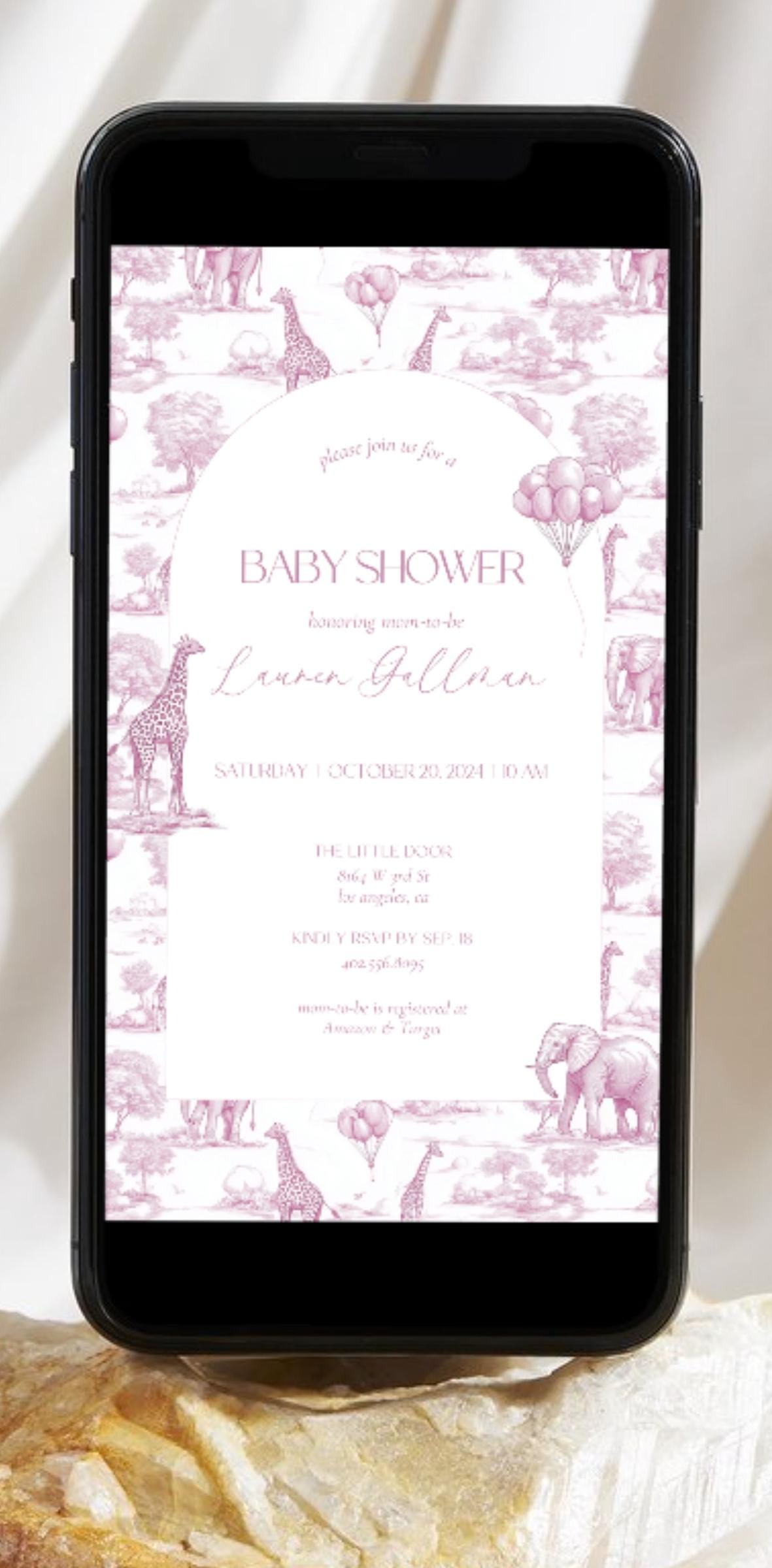 Pink Digital Baby Shower Invitation Template Baby Girl Luxury Blush Pink Mobile Invitation Pink Toile Safari Invite Baby Girl Shower Evite - LAUMIANstudio