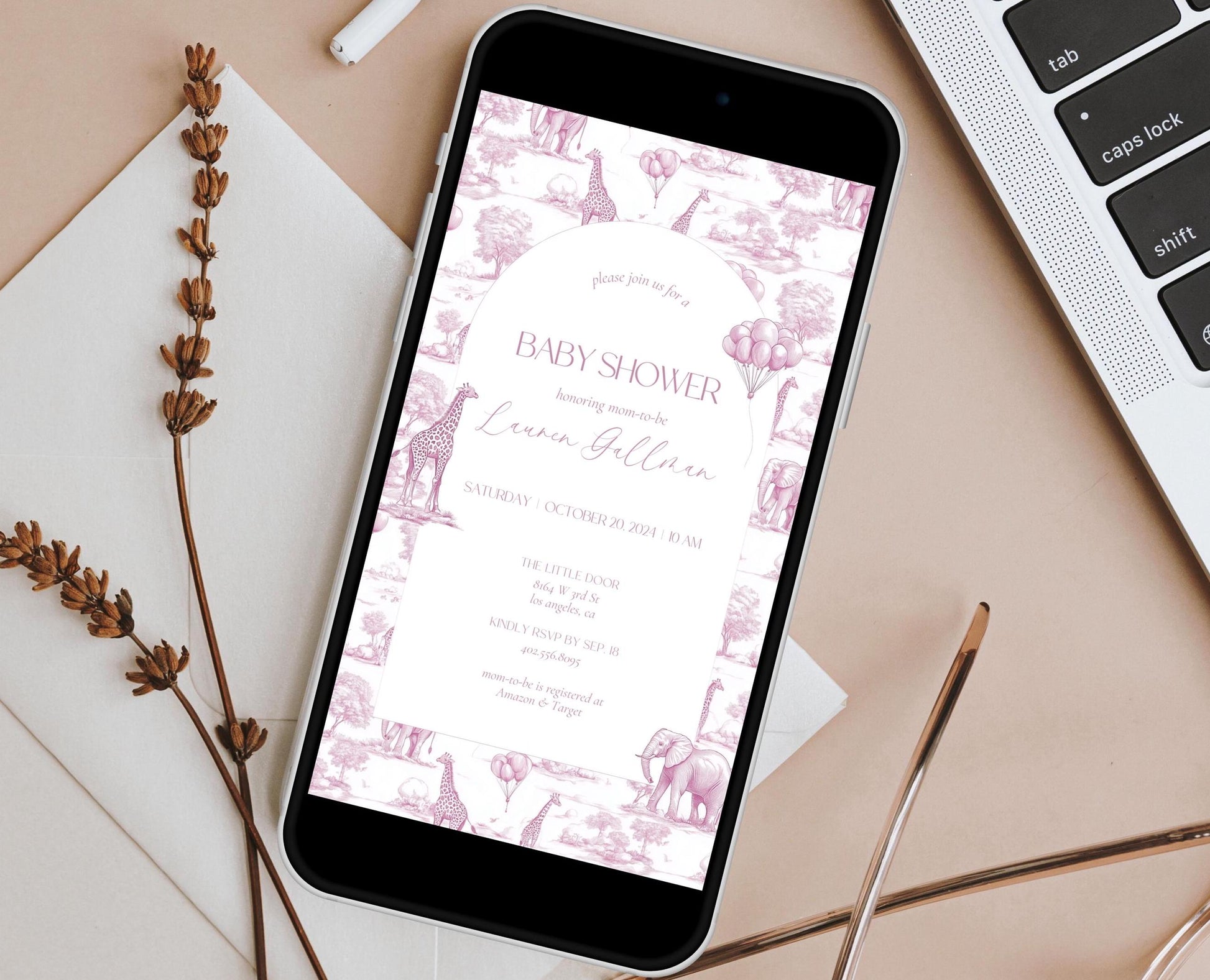Pink Digital Baby Shower Invitation Template Baby Girl Luxury Blush Pink Mobile Invitation Pink Toile Safari Invite Baby Girl Shower Evite - LAUMIANstudio