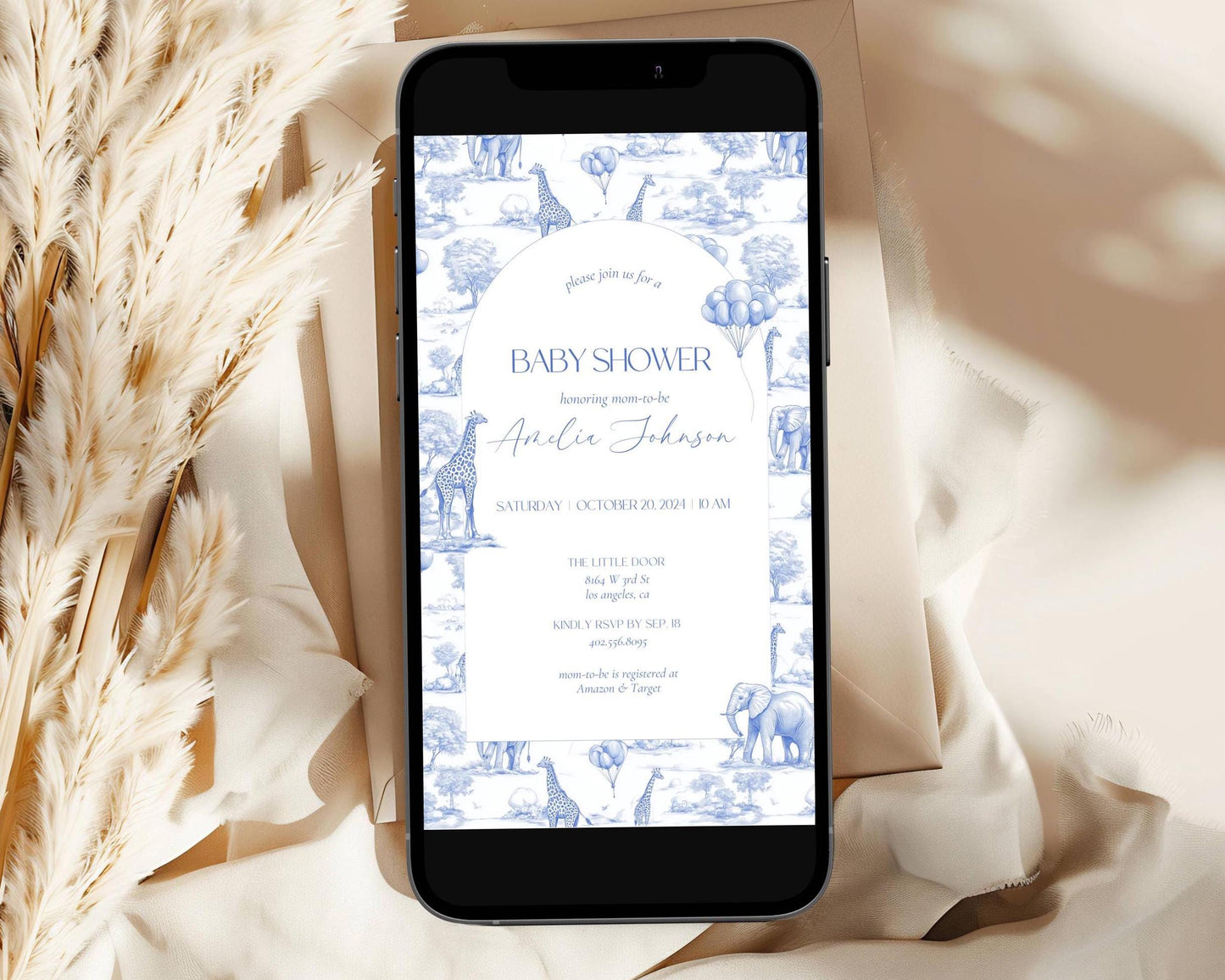 Blue Digital Baby Shower Invitation DIY Template Baby Boy Luxury Baby Blue Mobile Invitation Blue Toile Safari Invite Baby Boy Shower Evite - LAUMIANstudio