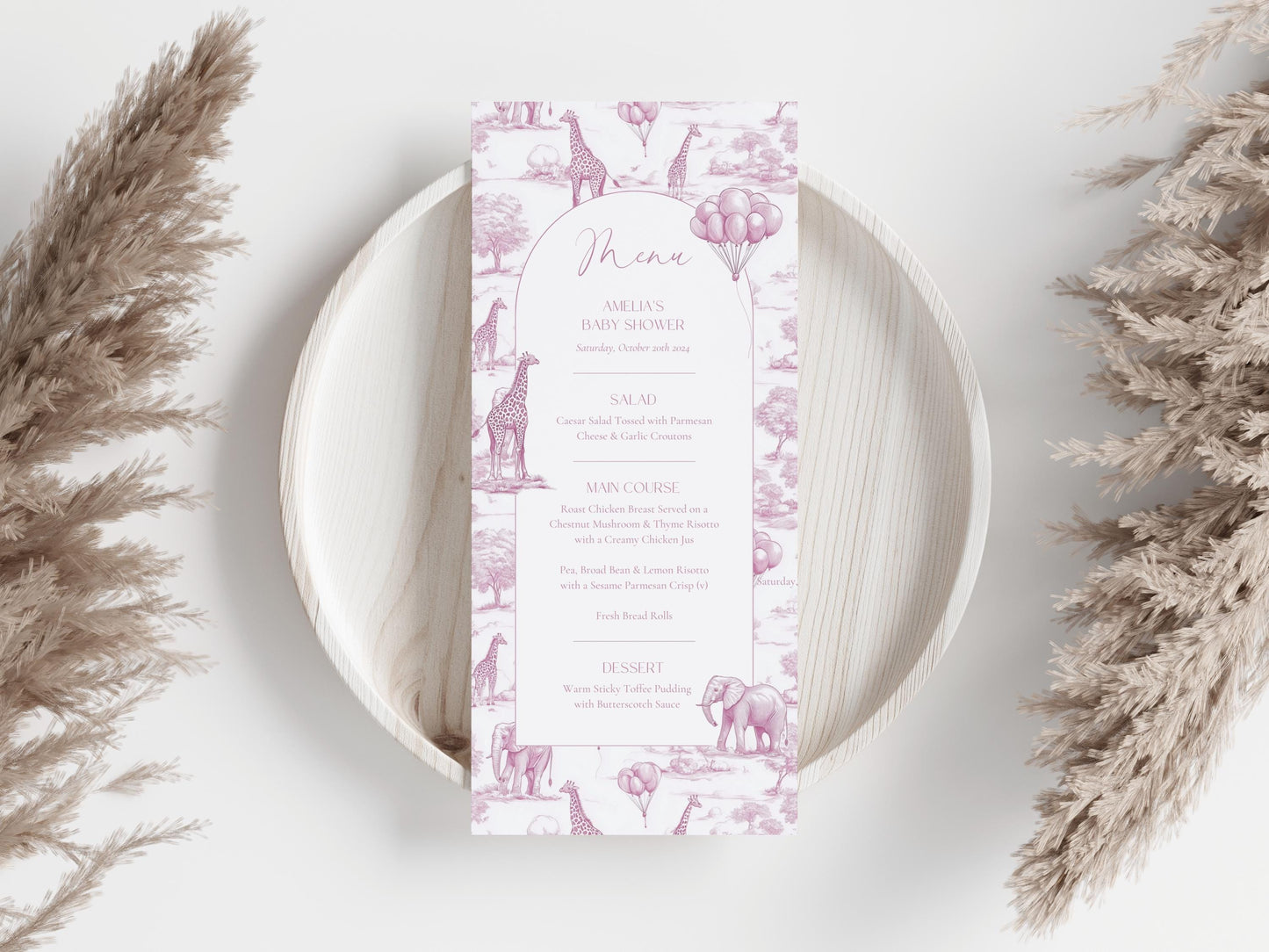 Pink Toile Baby Shower Menu Template Safari Baby Shower Brunch Menu Card Elegant Toile de Jouy Lunch Menu Printable Template Baby Shower - LAUMIANstudio