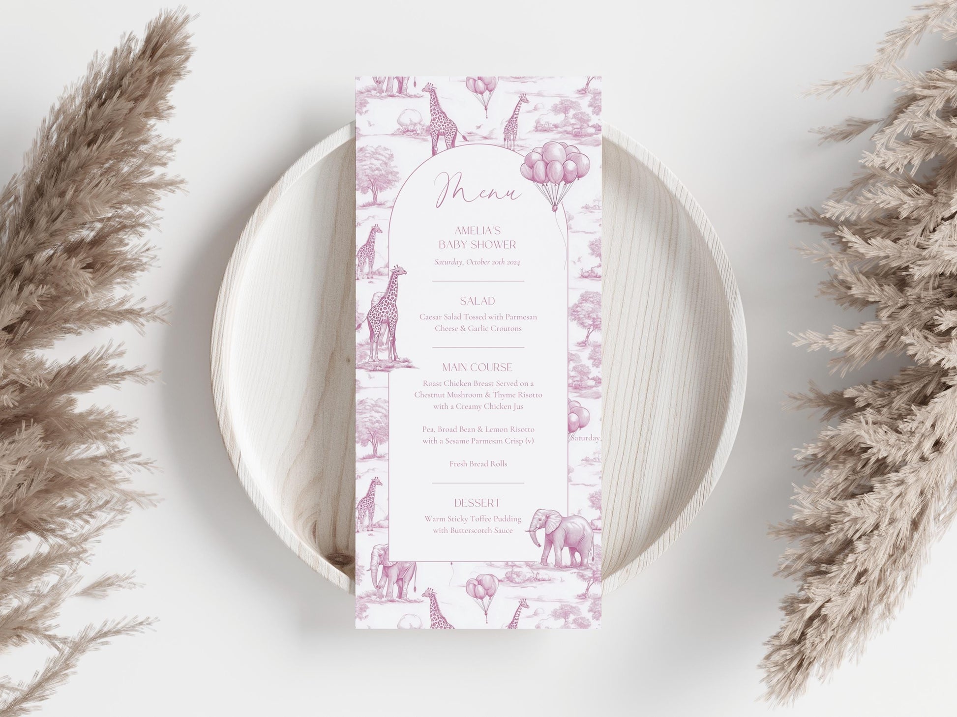 Pink Toile Baby Shower Menu Template Safari Baby Shower Brunch Menu Card Elegant Toile de Jouy Lunch Menu Printable Template Baby Shower - LAUMIANstudio