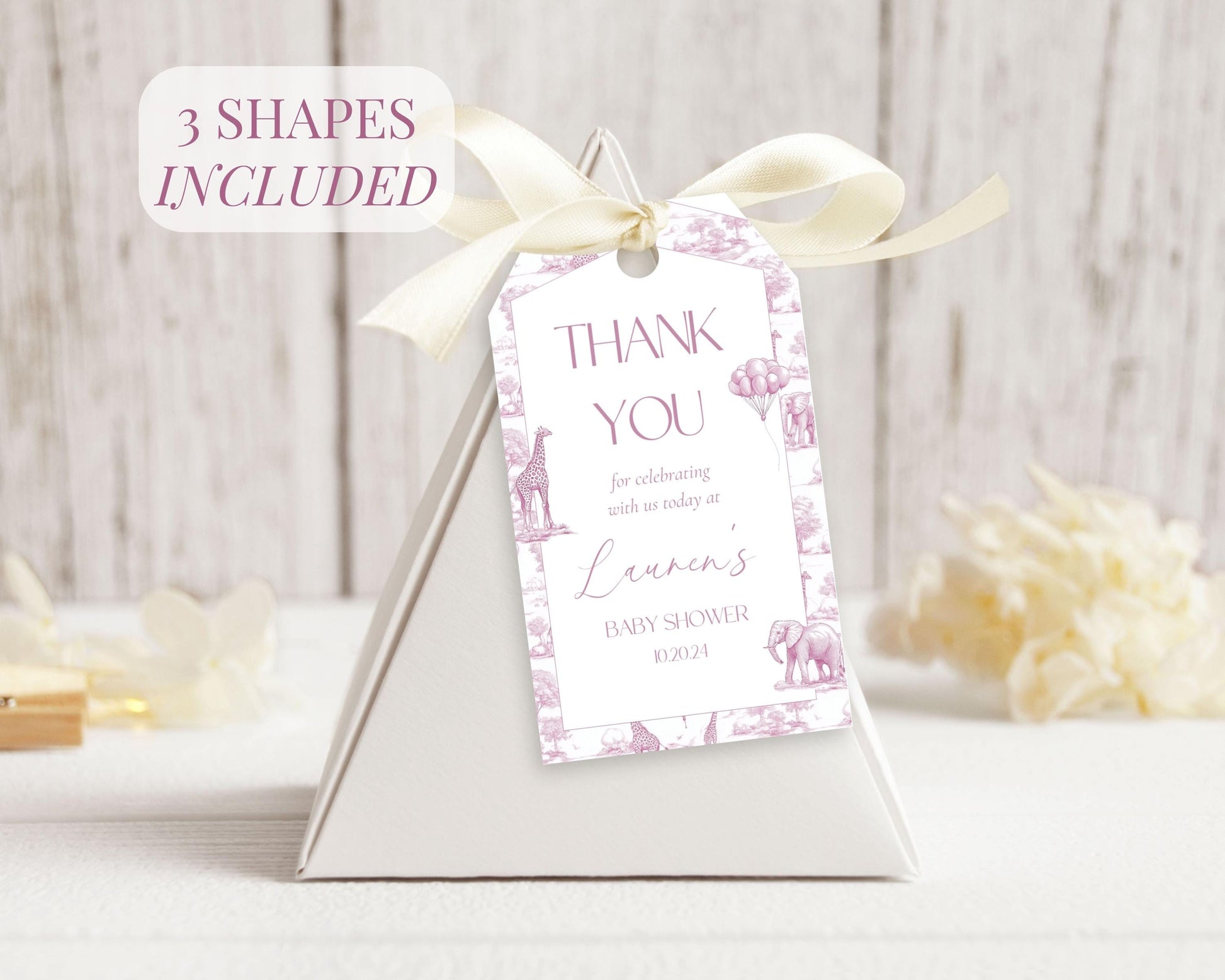 Baby Shower Favor Tag Printable Canva Template Pink Toile Baby Shower Favor Tag Circle Safari Baby Shower Thank You Label Minimalist Tag - LAUMIANstudio