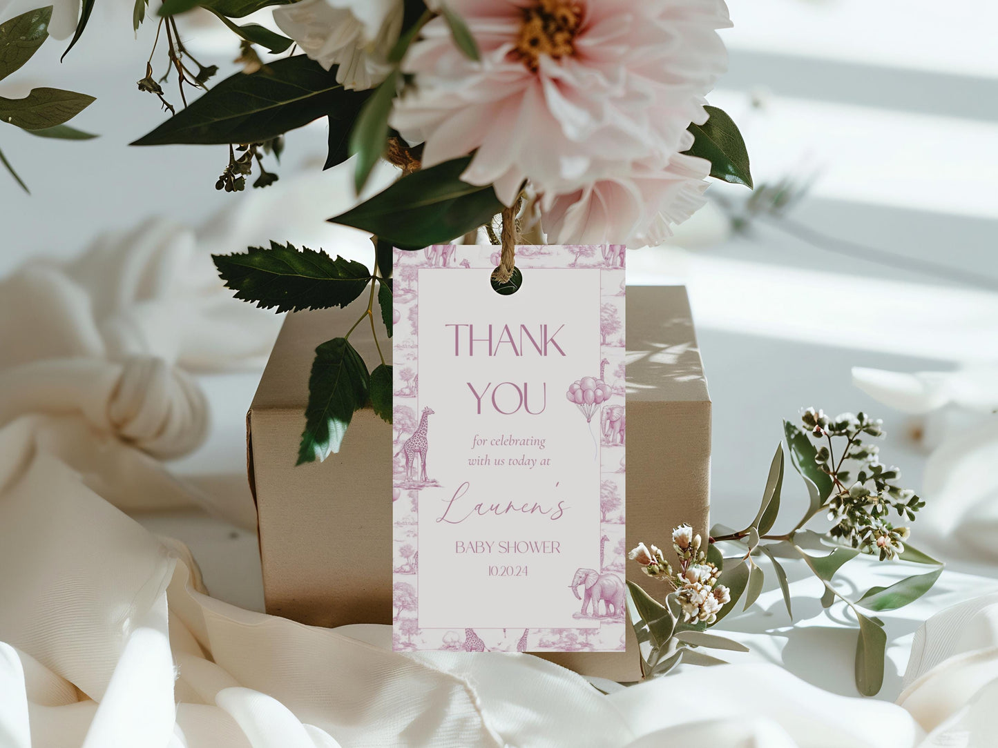 Baby Shower Favor Tag Printable Canva Template Pink Toile Baby Shower Favor Tag Circle Safari Baby Shower Thank You Label Minimalist Tag - LAUMIANstudio