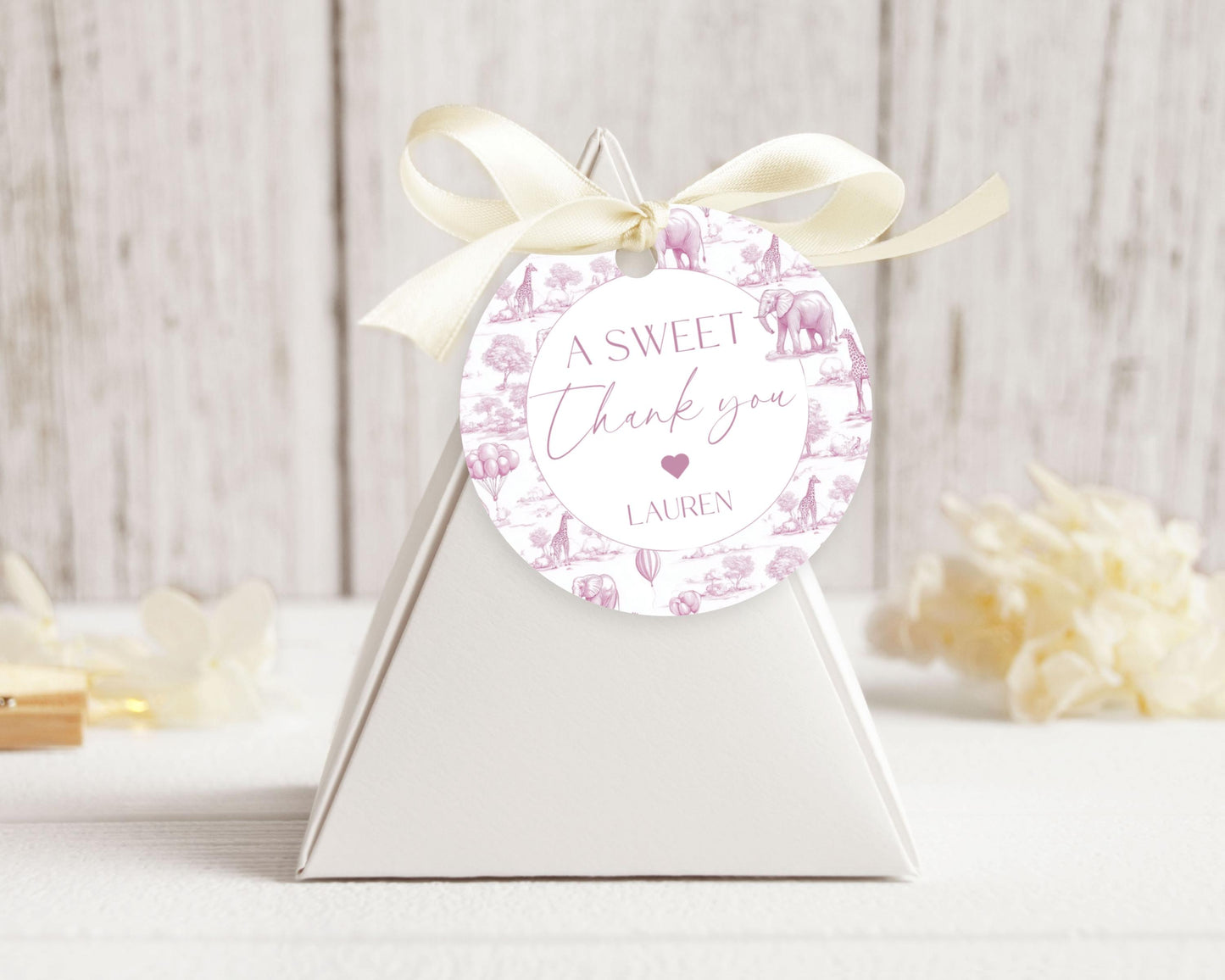 Baby Shower Favor Tag Printable Canva Template Pink Toile Baby Shower Favor Tag Circle Safari Baby Shower Thank You Label Minimalist Tag - LAUMIANstudio