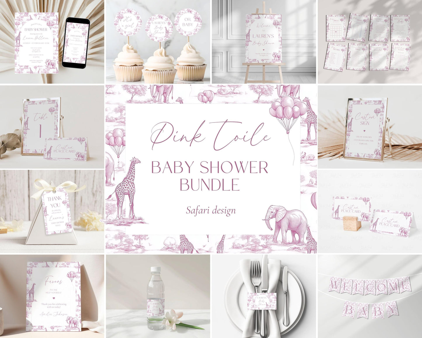 Pink Toile Baby Shower Bundle Girl Baby Shower Decor Elegant Chinoiserie Safari Baby Shower Editable Template Canva Baby Shower Printables - LAUMIANstudio