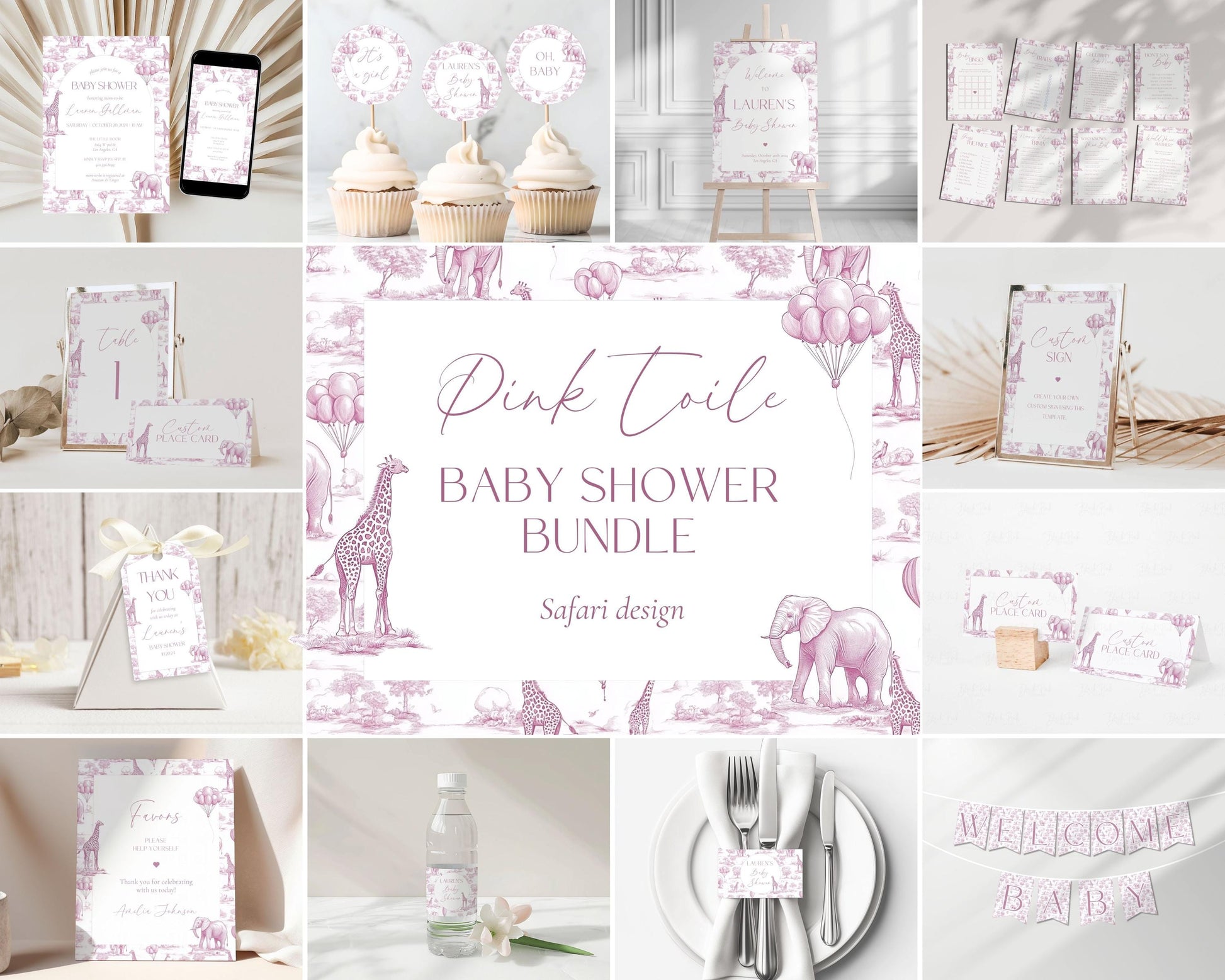 Pink Toile Baby Shower Bundle Girl Baby Shower Decor Elegant Chinoiserie Safari Baby Shower Editable Template Canva Baby Shower Printables - LAUMIANstudio