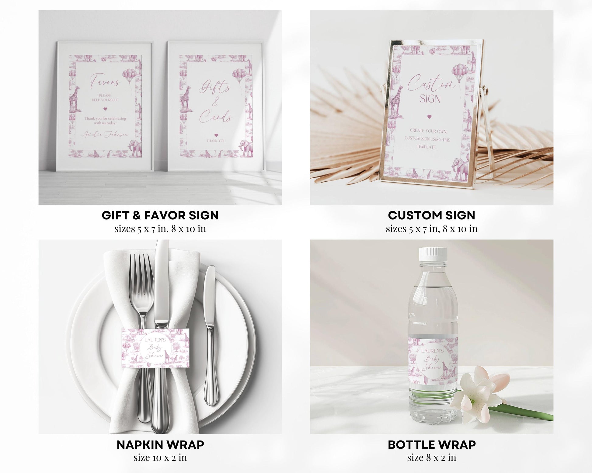 Pink Toile Baby Shower Bundle Girl Baby Shower Decor Elegant Chinoiserie Safari Baby Shower Editable Template Canva Baby Shower Printables - LAUMIANstudio