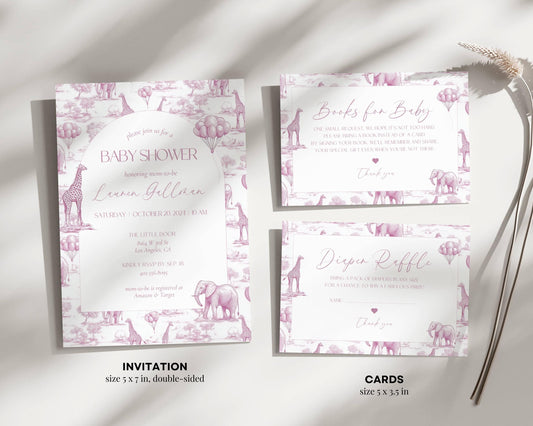Pink Toile Baby Shower Bundle Girl Baby Shower Decor Elegant Chinoiserie Safari Baby Shower Editable Template Canva Baby Shower Printables - LAUMIANstudio