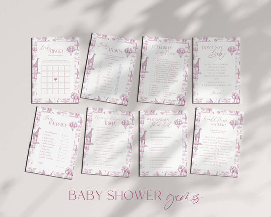 Pink Toile Baby Shower Game Bundle Chinoiserie Baby Shower Game Template Editable Canva Baby Shower Party Game Funny Baby Shower Game Set - LAUMIANstudio
