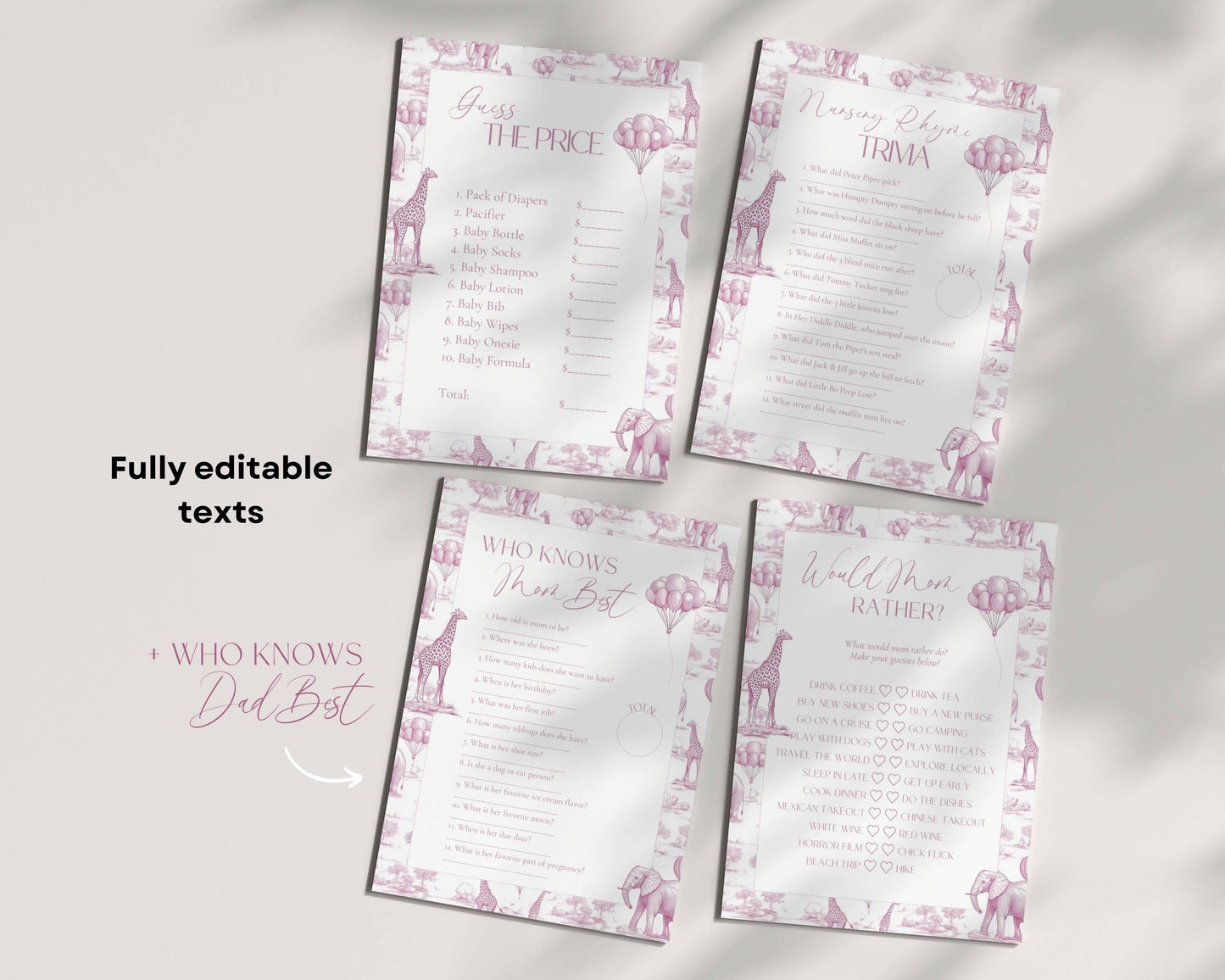 Pink Toile Baby Shower Game Bundle Chinoiserie Baby Shower Game Template Editable Canva Baby Shower Party Game Funny Baby Shower Game Set - LAUMIANstudio
