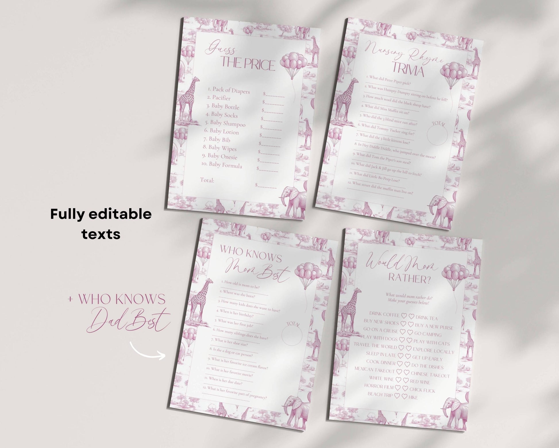 Pink Toile Baby Shower Game Bundle Chinoiserie Baby Shower Game Template Editable Canva Baby Shower Party Game Funny Baby Shower Game Set - LAUMIANstudio