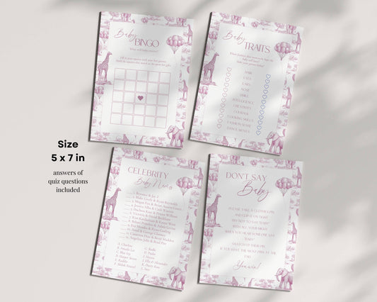 Pink Toile Baby Shower Game Bundle Chinoiserie Baby Shower Game Template Editable Canva Baby Shower Party Game Funny Baby Shower Game Set - LAUMIANstudio