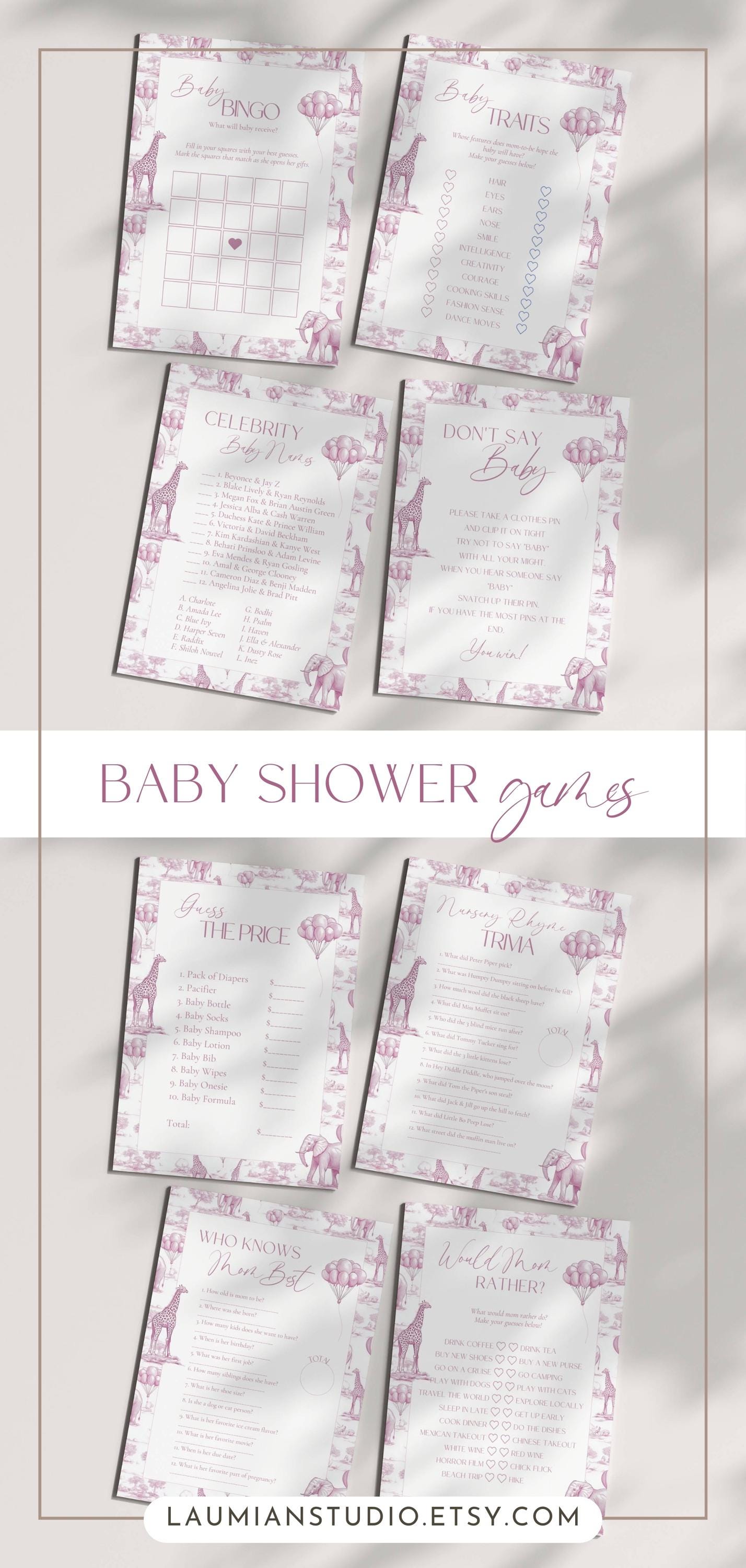 Pink Toile Baby Shower Game Bundle Chinoiserie Baby Shower Game Template Editable Canva Baby Shower Party Game Funny Baby Shower Game Set - LAUMIANstudio
