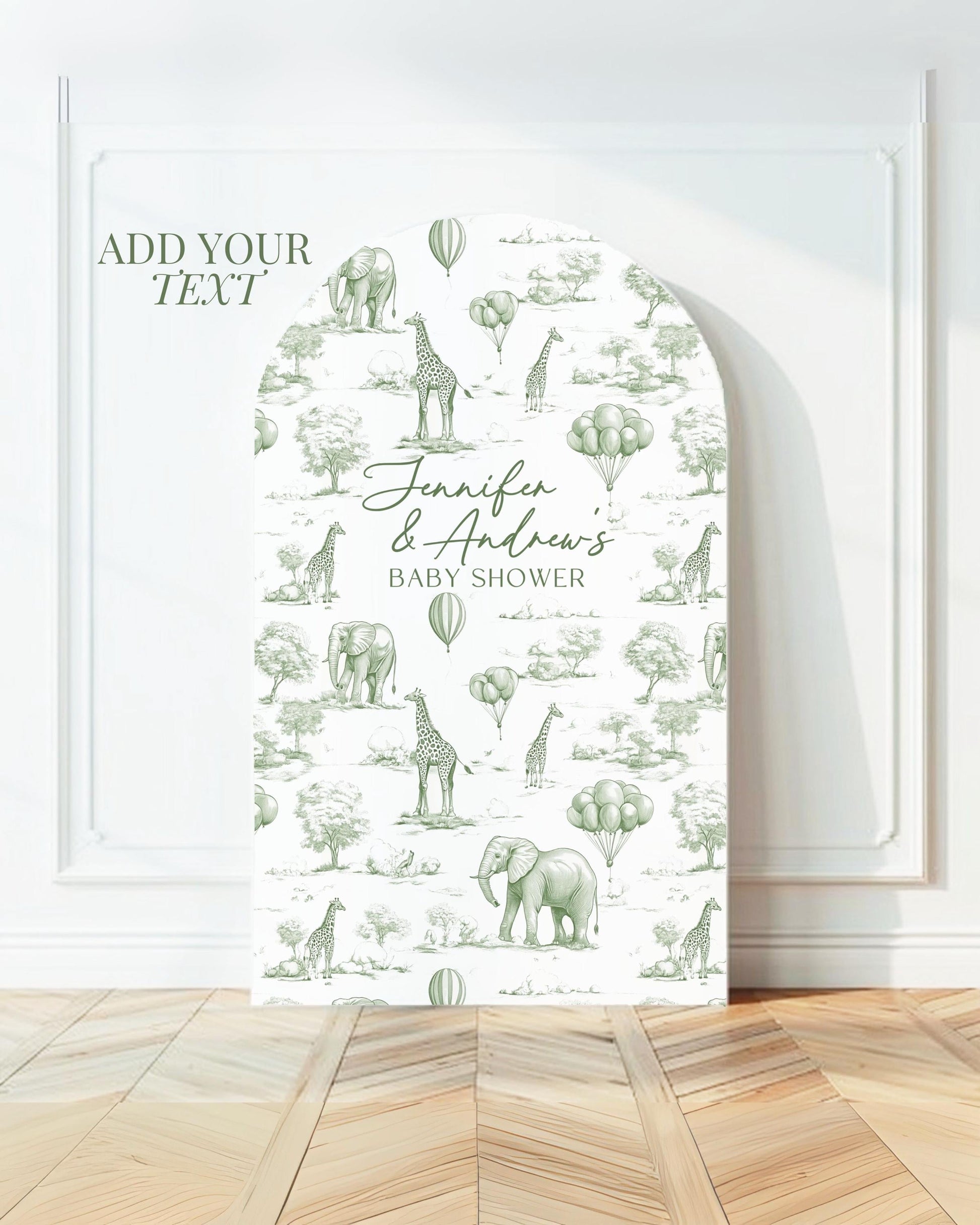 Personalized Green Toile Safari Arch Panel DIY Baby Shower Giant Decor Neutral Baby Shower Toile Arch Backdrop Sage Baby Shower Billboard - LAUMIANstudio