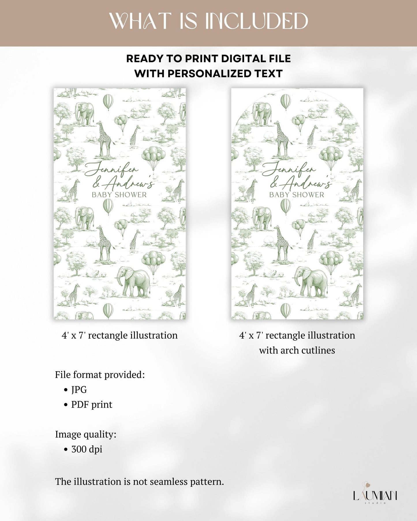 Personalized Green Toile Safari Arch Panel DIY Baby Shower Giant Decor Neutral Baby Shower Toile Arch Backdrop Sage Baby Shower Billboard - LAUMIANstudio