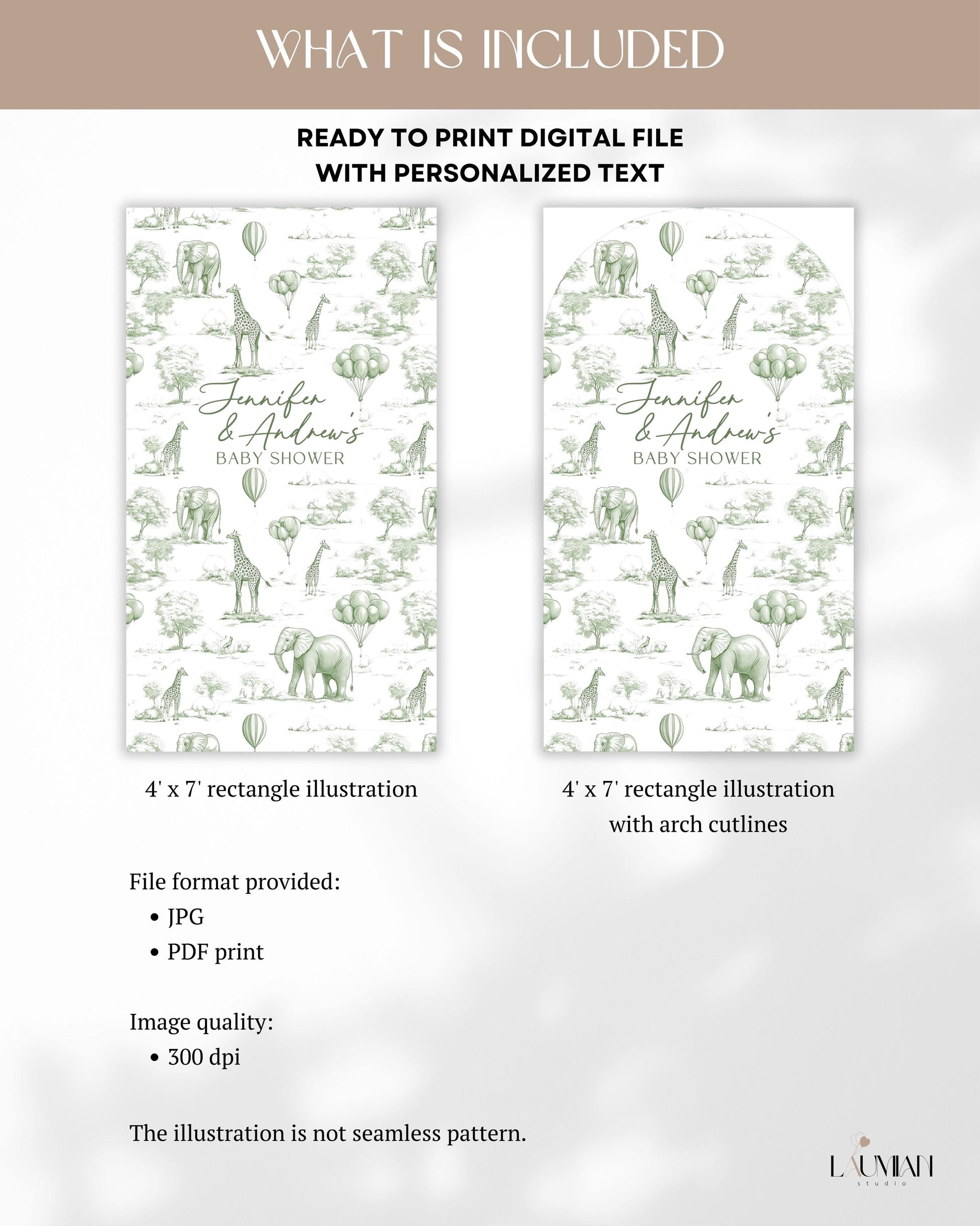 Personalized Green Toile Safari Arch Panel DIY Baby Shower Giant Decor Neutral Baby Shower Toile Arch Backdrop Sage Baby Shower Billboard - LAUMIANstudio