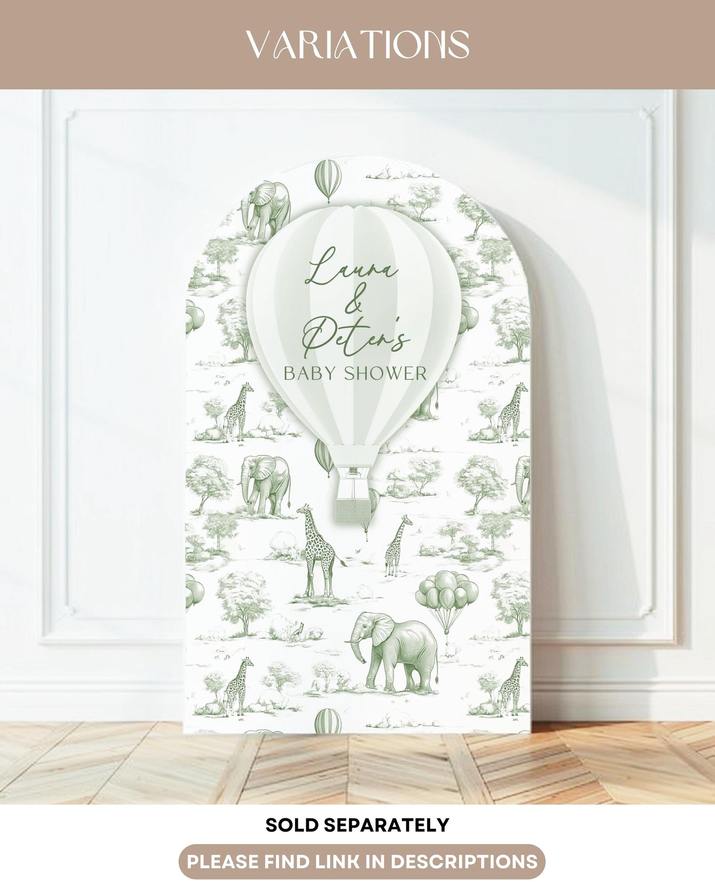 Personalized Green Toile Safari Arch Panel DIY Baby Shower Giant Decor Neutral Baby Shower Toile Arch Backdrop Sage Baby Shower Billboard - LAUMIANstudio