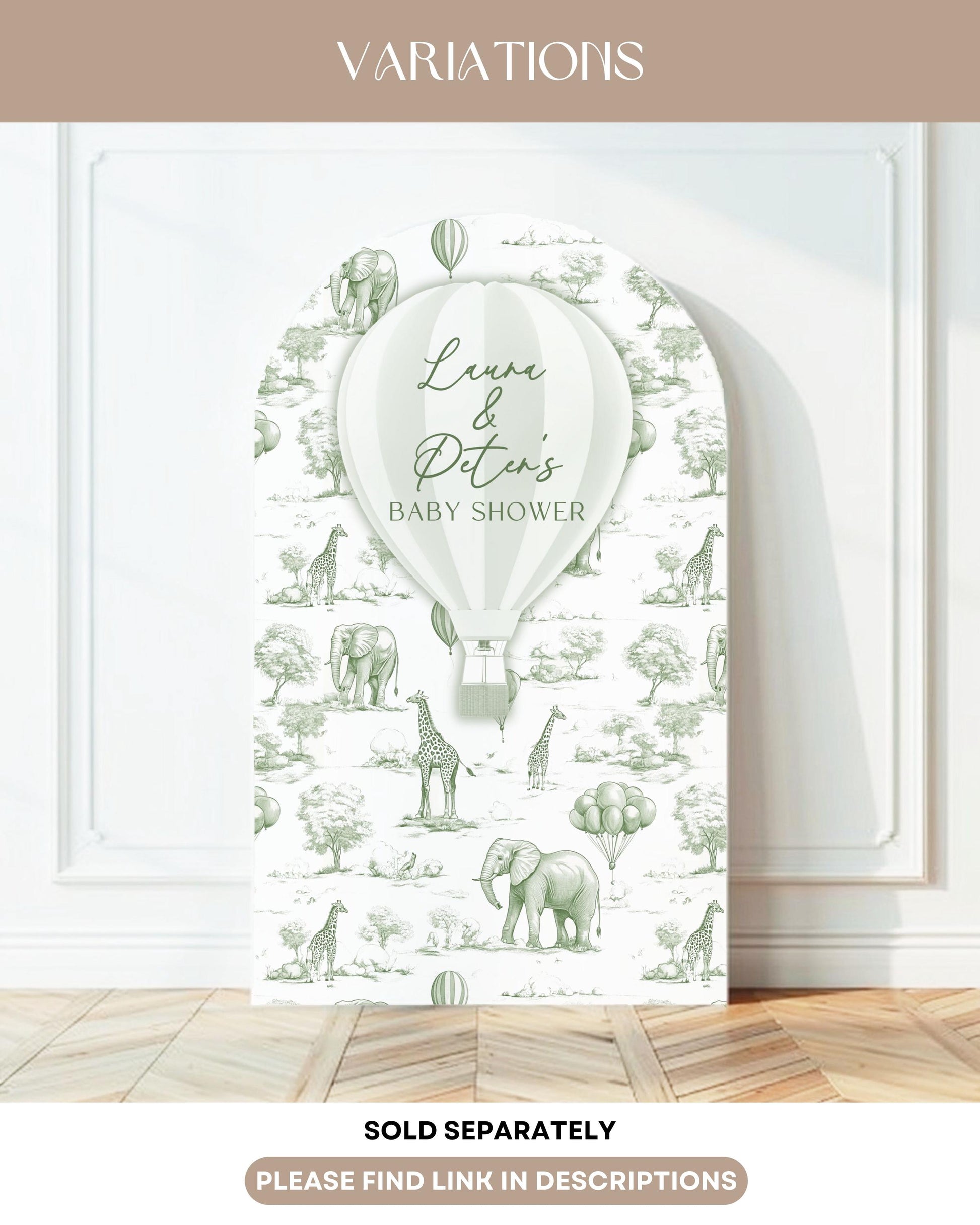 Personalized Green Toile Safari Arch Panel DIY Baby Shower Giant Decor Neutral Baby Shower Toile Arch Backdrop Sage Baby Shower Billboard - LAUMIANstudio