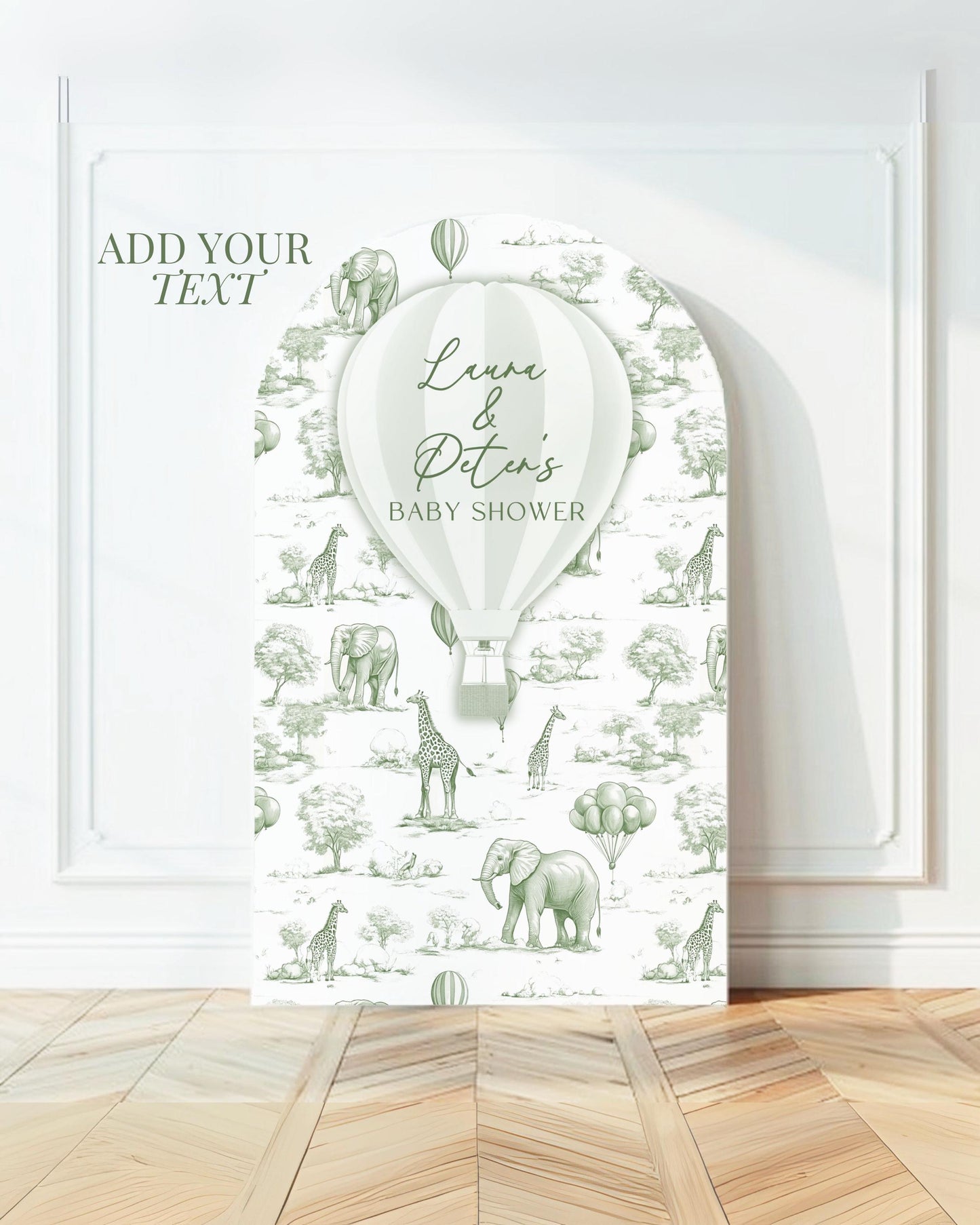 Personalized Hot Air Ballon Arch Backdrop Green Baby Shower Arch Sign Party Printable Decor Sage Toile Backdrop Neutral Gender Reveal Party - LAUMIANstudio