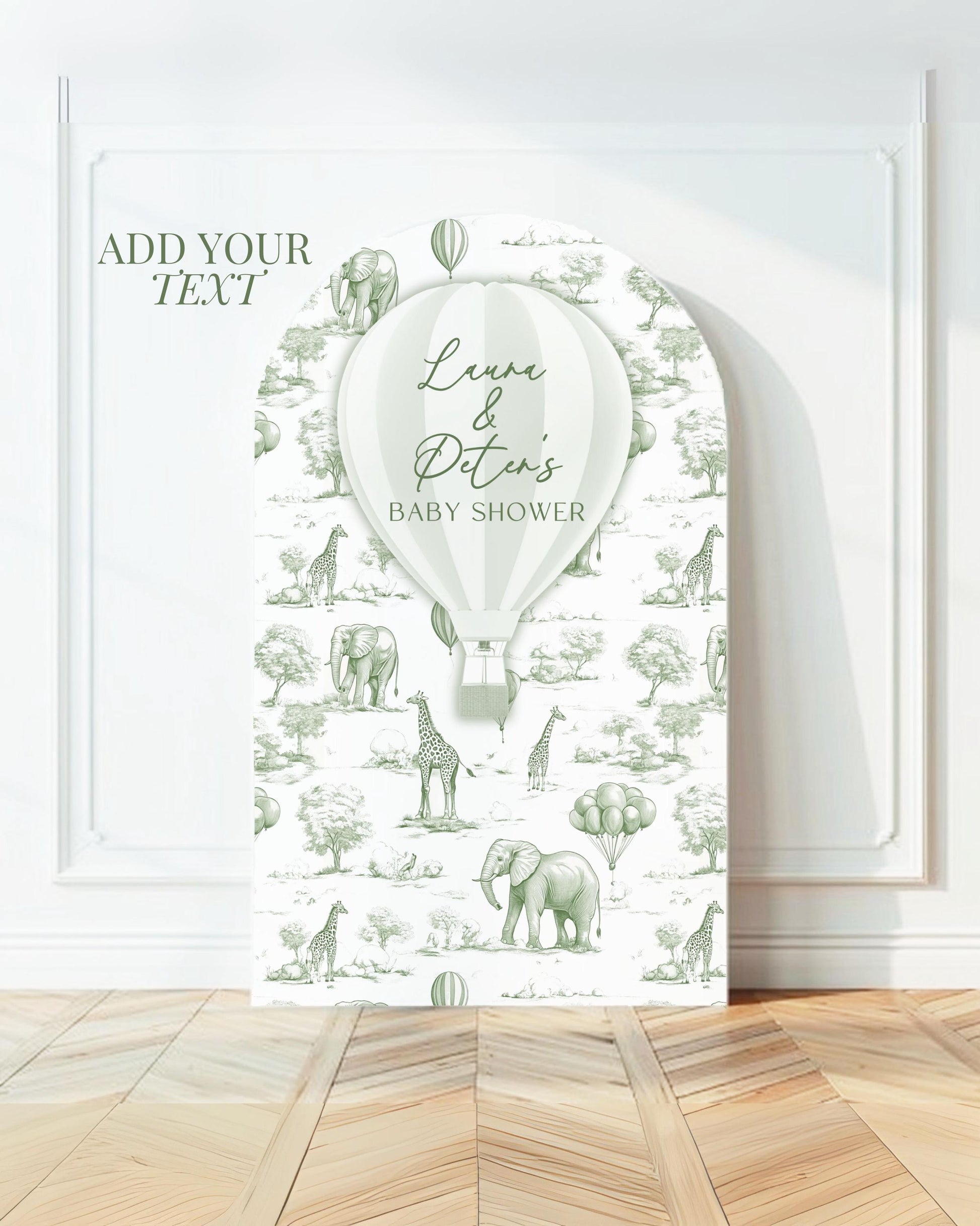 Personalized Hot Air Ballon Arch Backdrop Green Baby Shower Arch Sign Party Printable Decor Sage Toile Backdrop Neutral Gender Reveal Party - LAUMIANstudio