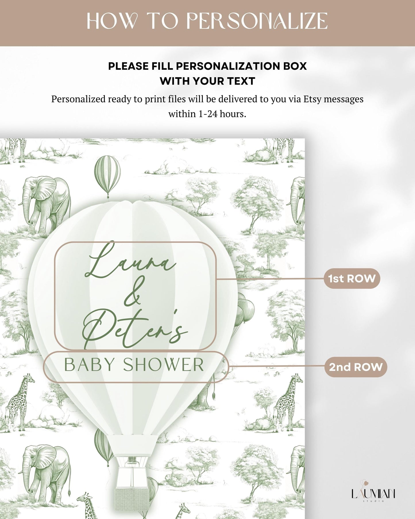 Personalized Hot Air Ballon Arch Backdrop Green Baby Shower Arch Sign Party Printable Decor Sage Toile Backdrop Neutral Gender Reveal Party - LAUMIANstudio