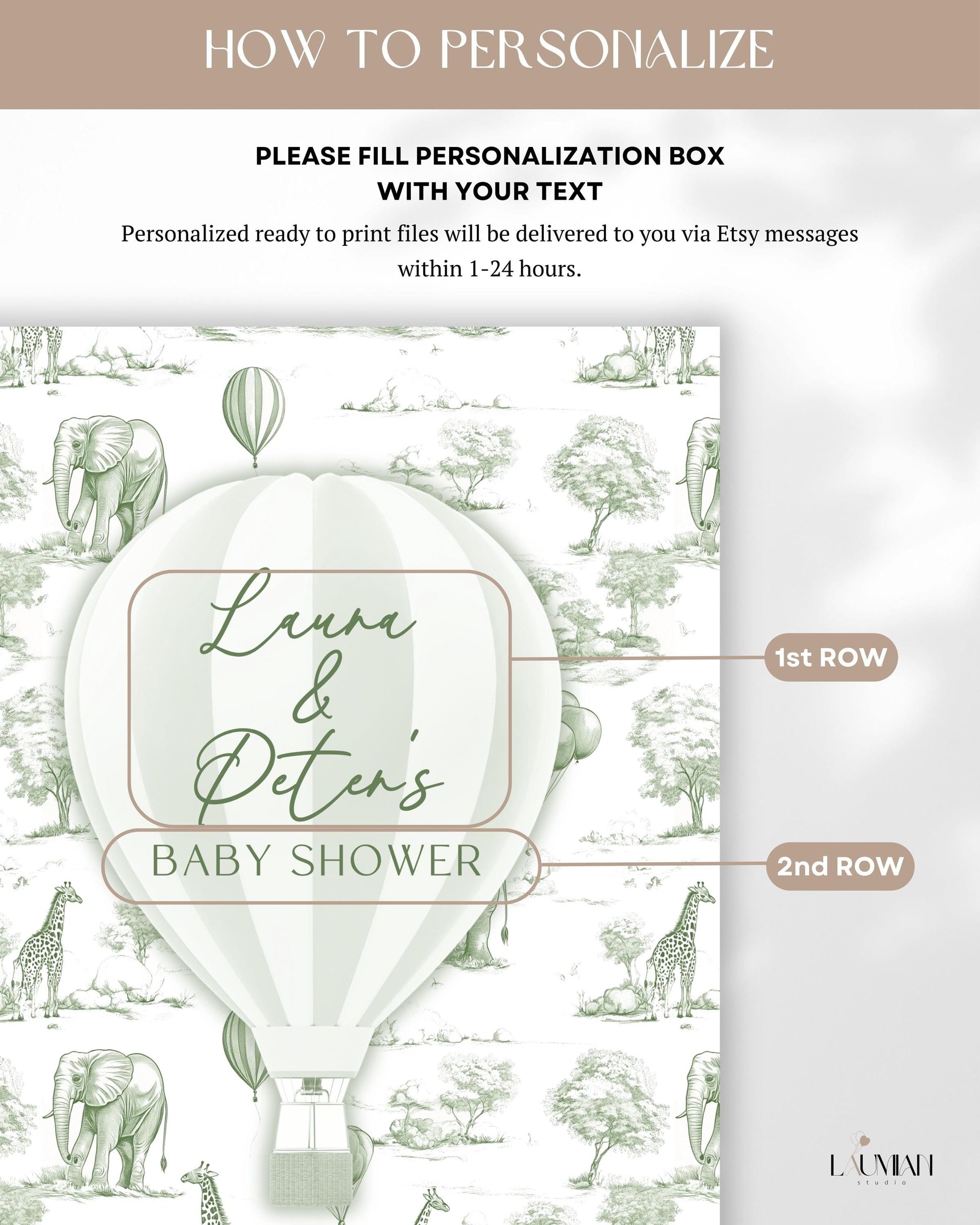 Personalized Hot Air Ballon Arch Backdrop Green Baby Shower Arch Sign Party Printable Decor Sage Toile Backdrop Neutral Gender Reveal Party - LAUMIANstudio