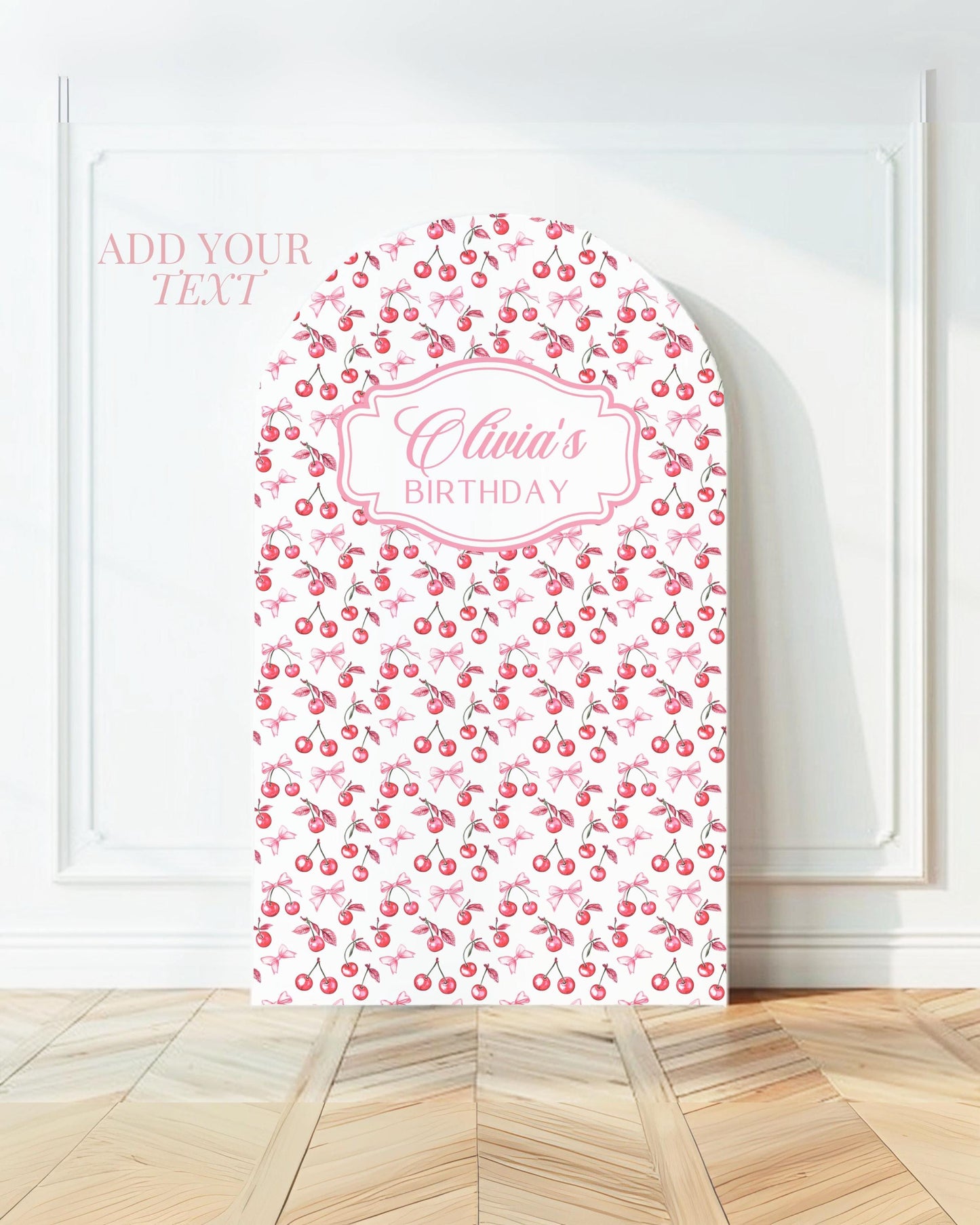 Coquette Bow Arch Backdrop Add Name Baby Shower Cherry Backdrop Personalized Cherry Arched Panel DIY Sign Cherry First Birthday Arch Panel - LAUMIANstudio