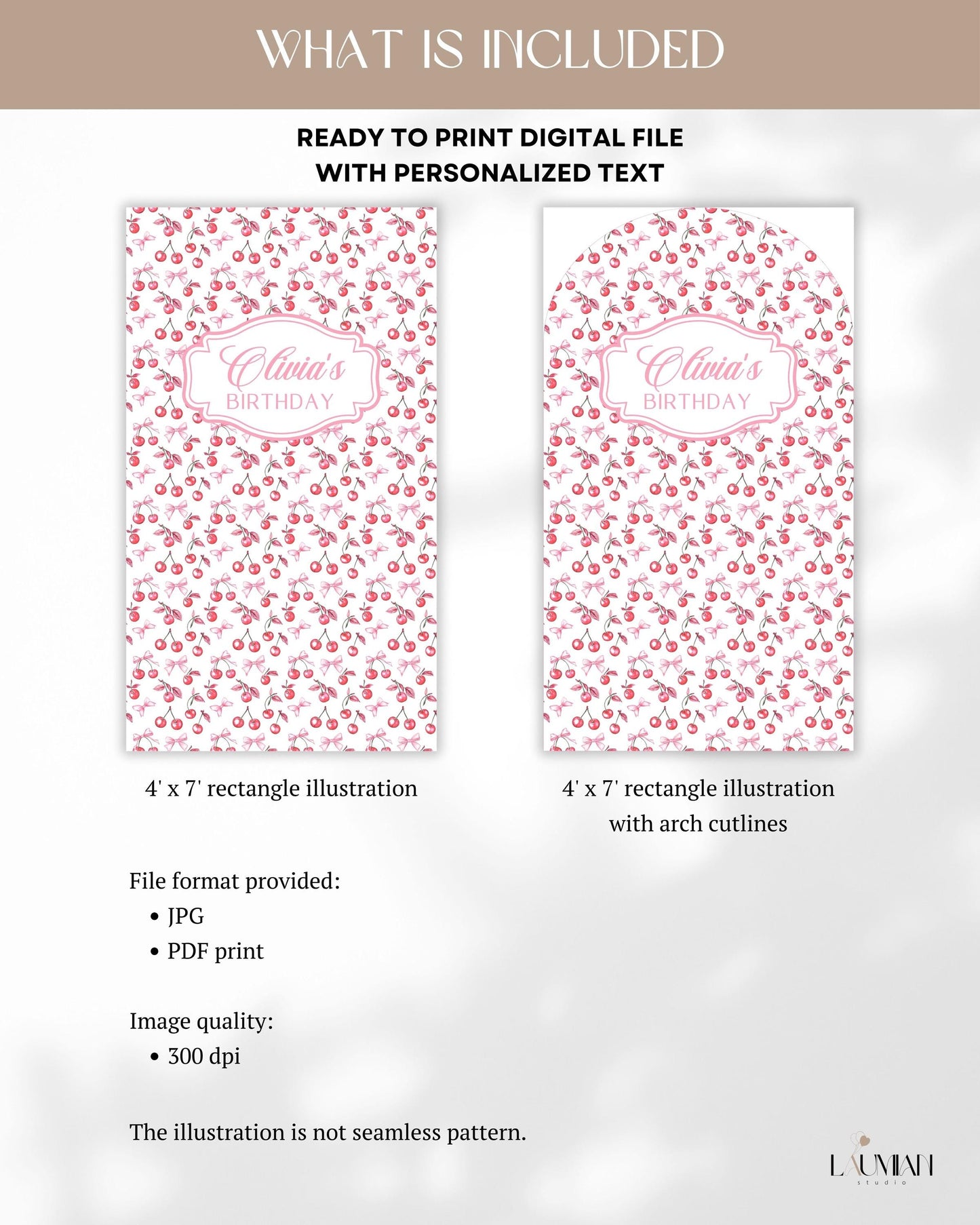 Coquette Bow Arch Backdrop Add Name Baby Shower Cherry Backdrop Personalized Cherry Arched Panel DIY Sign Cherry First Birthday Arch Panel - LAUMIANstudio