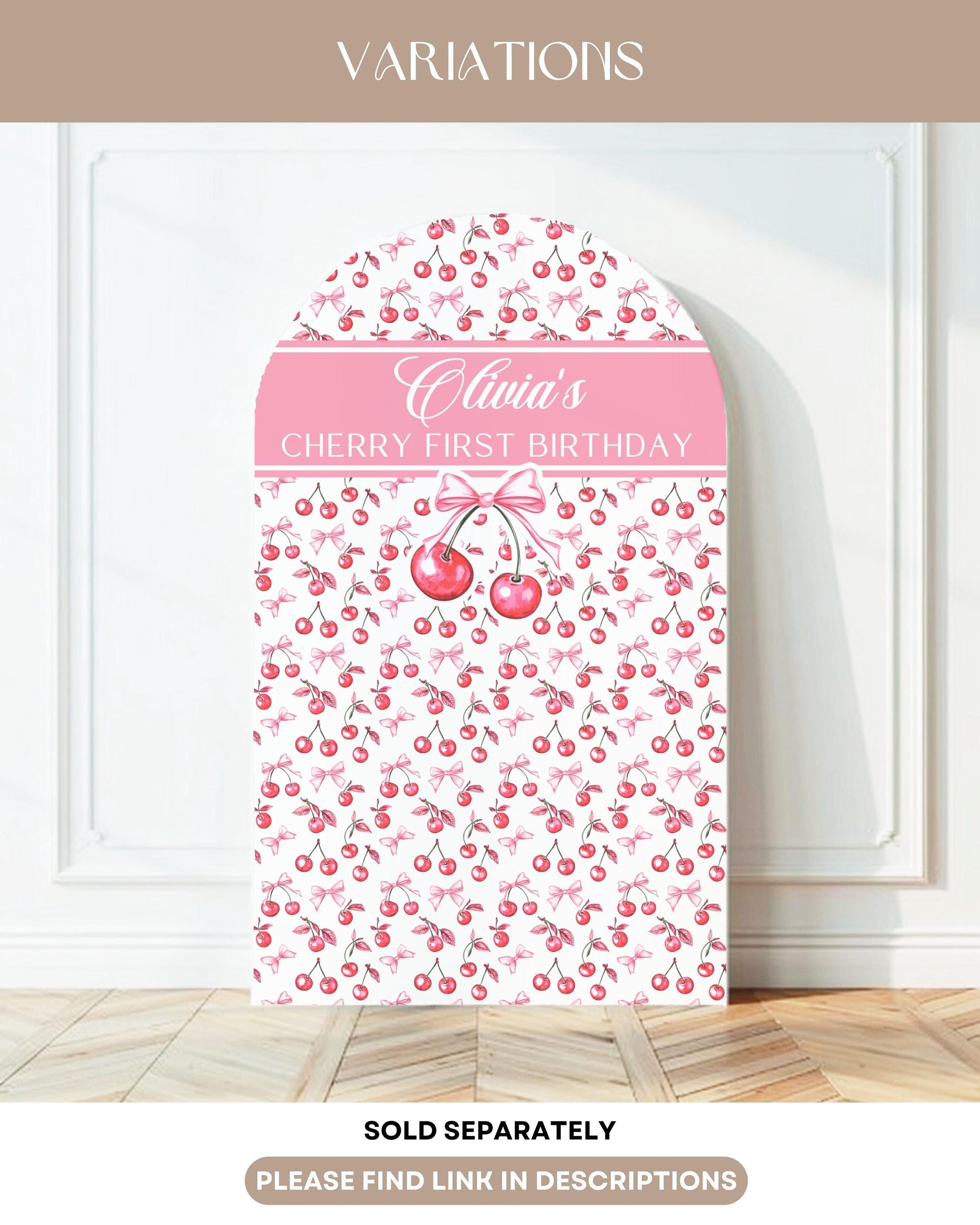 Coquette Bow Arch Backdrop Add Name Baby Shower Cherry Backdrop Personalized Cherry Arched Panel DIY Sign Cherry First Birthday Arch Panel - LAUMIANstudio