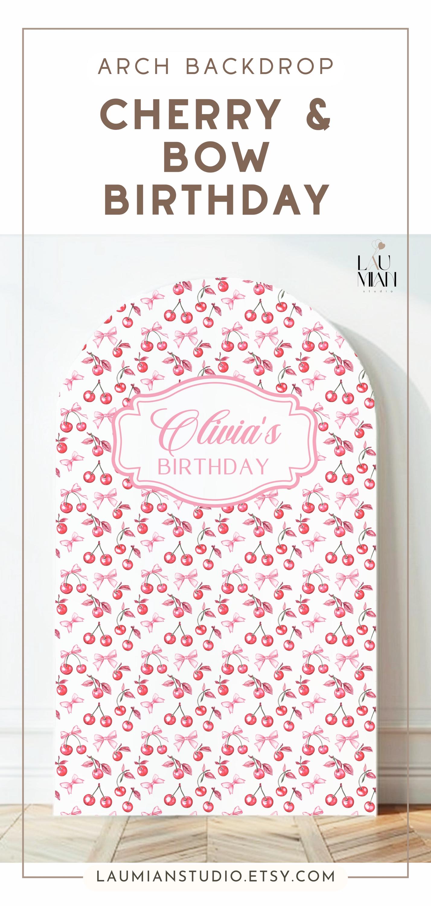 Coquette Bow Arch Backdrop Add Name Baby Shower Cherry Backdrop Personalized Cherry Arched Panel DIY Sign Cherry First Birthday Arch Panel - LAUMIANstudio