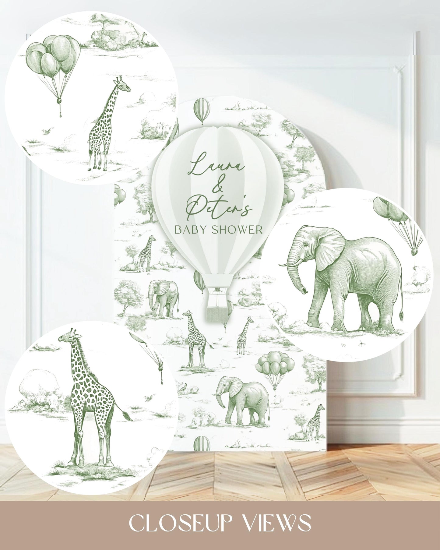 Personalized Green Toile Safari Arch Panel DIY Baby Shower Giant Decor Neutral Baby Shower Toile Arch Backdrop Sage Baby Shower Billboard - LAUMIANstudio