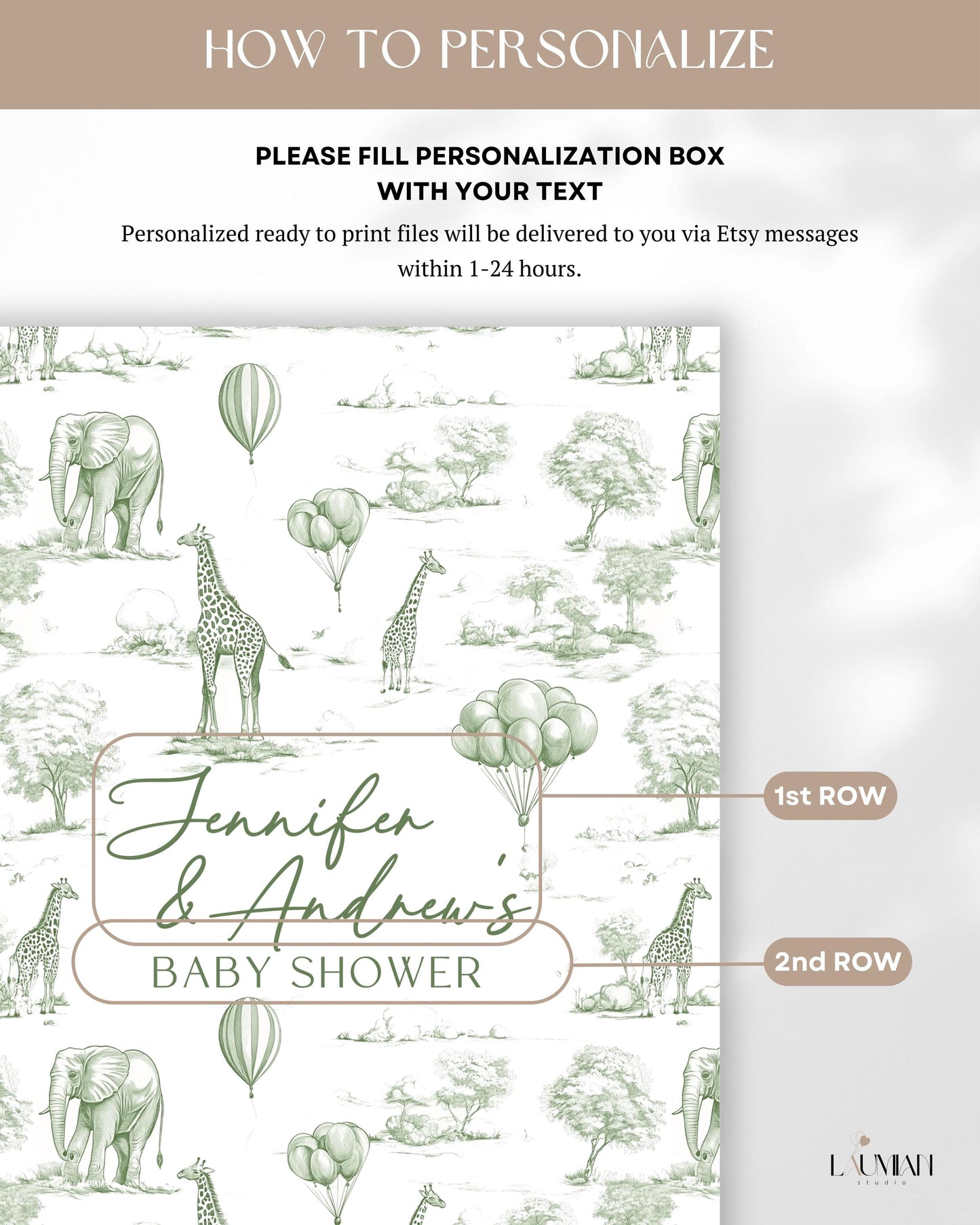 Personalized Green Toile Safari Arch Panel DIY Baby Shower Giant Decor Neutral Baby Shower Toile Arch Backdrop Sage Baby Shower Billboard - LAUMIANstudio