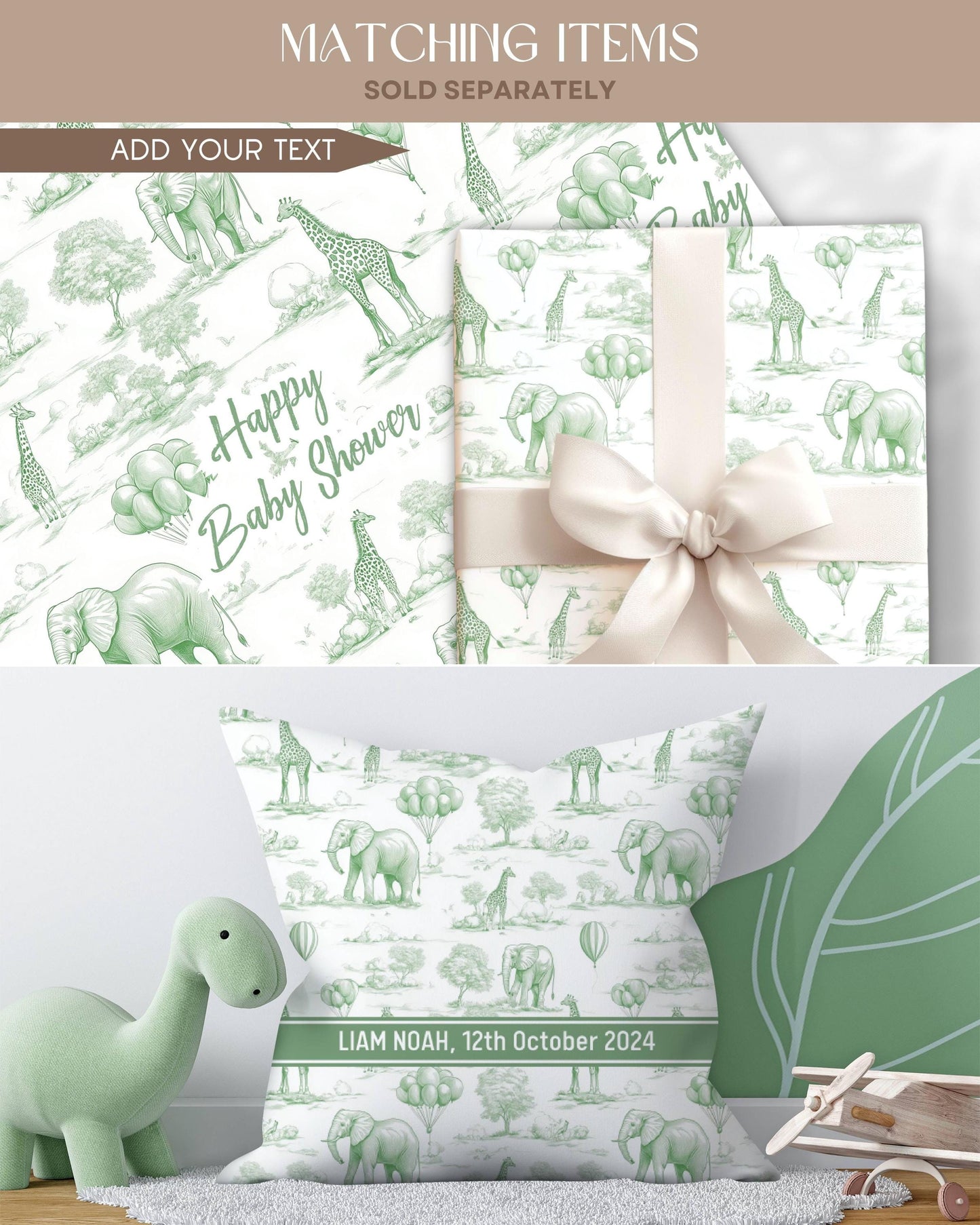 Personalized Green Toile Safari Arch Panel DIY Baby Shower Giant Decor Neutral Baby Shower Toile Arch Backdrop Sage Baby Shower Billboard - LAUMIANstudio