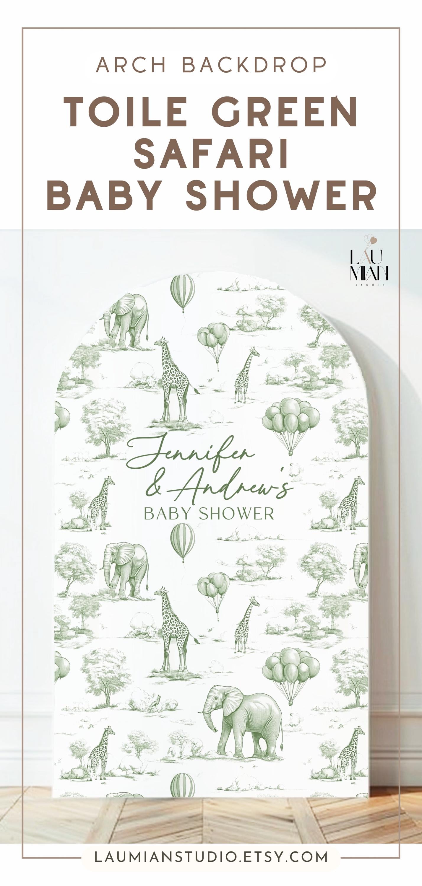 Personalized Green Toile Safari Arch Panel DIY Baby Shower Giant Decor Neutral Baby Shower Toile Arch Backdrop Sage Baby Shower Billboard - LAUMIANstudio