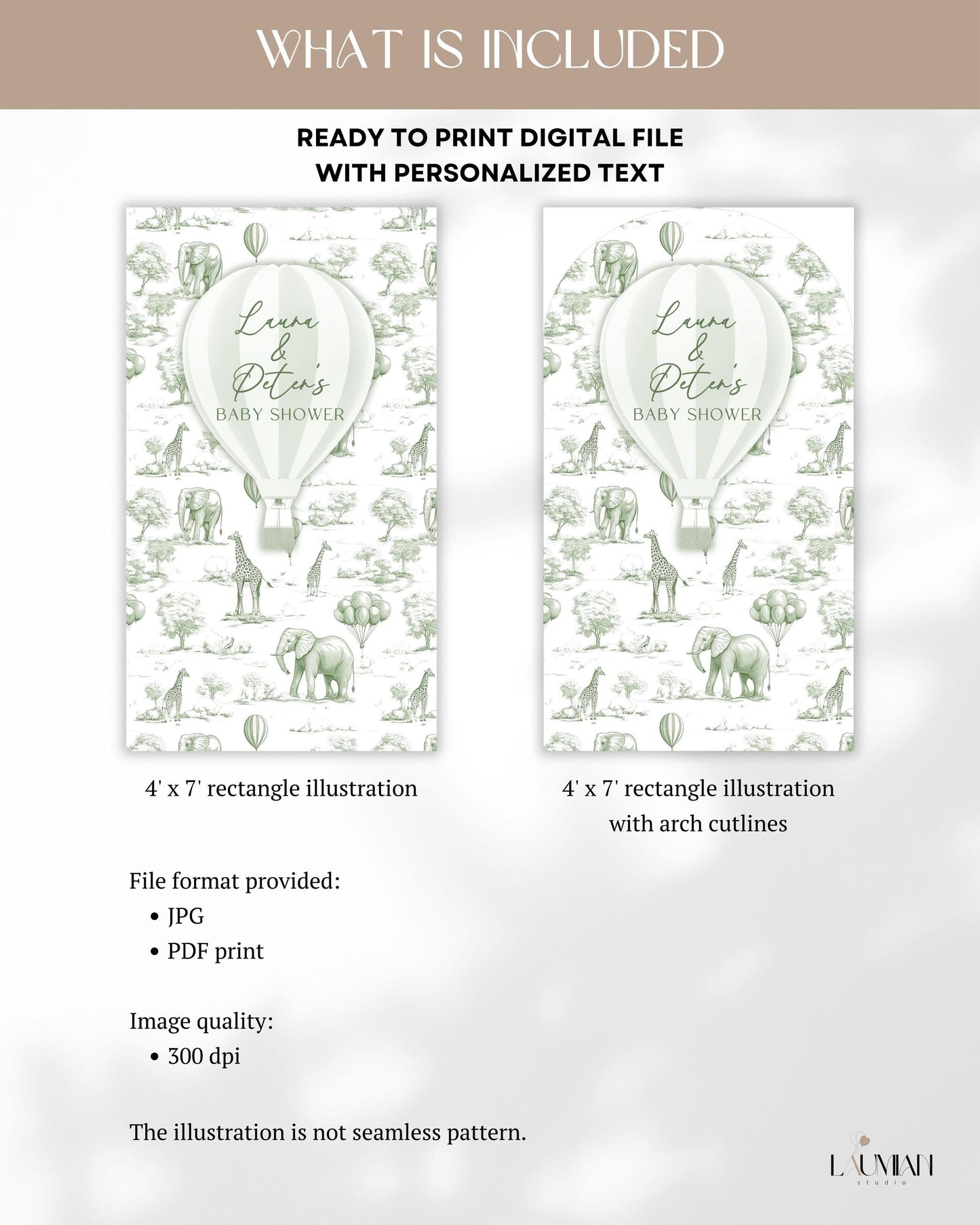 Personalized Hot Air Ballon Arch Backdrop Green Baby Shower Arch Sign Party Printable Decor Sage Toile Backdrop Neutral Gender Reveal Party - LAUMIANstudio