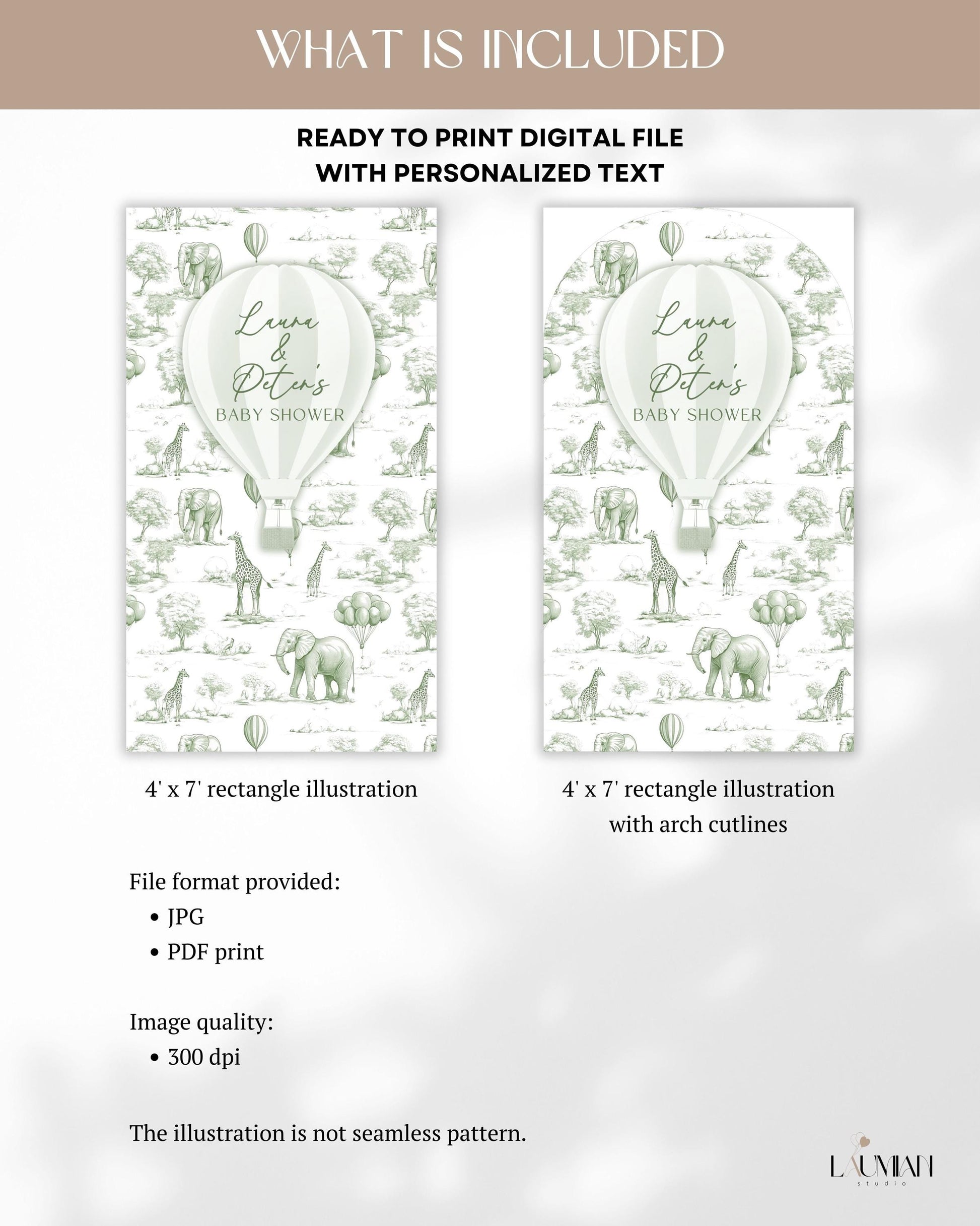 Personalized Hot Air Ballon Arch Backdrop Green Baby Shower Arch Sign Party Printable Decor Sage Toile Backdrop Neutral Gender Reveal Party - LAUMIANstudio
