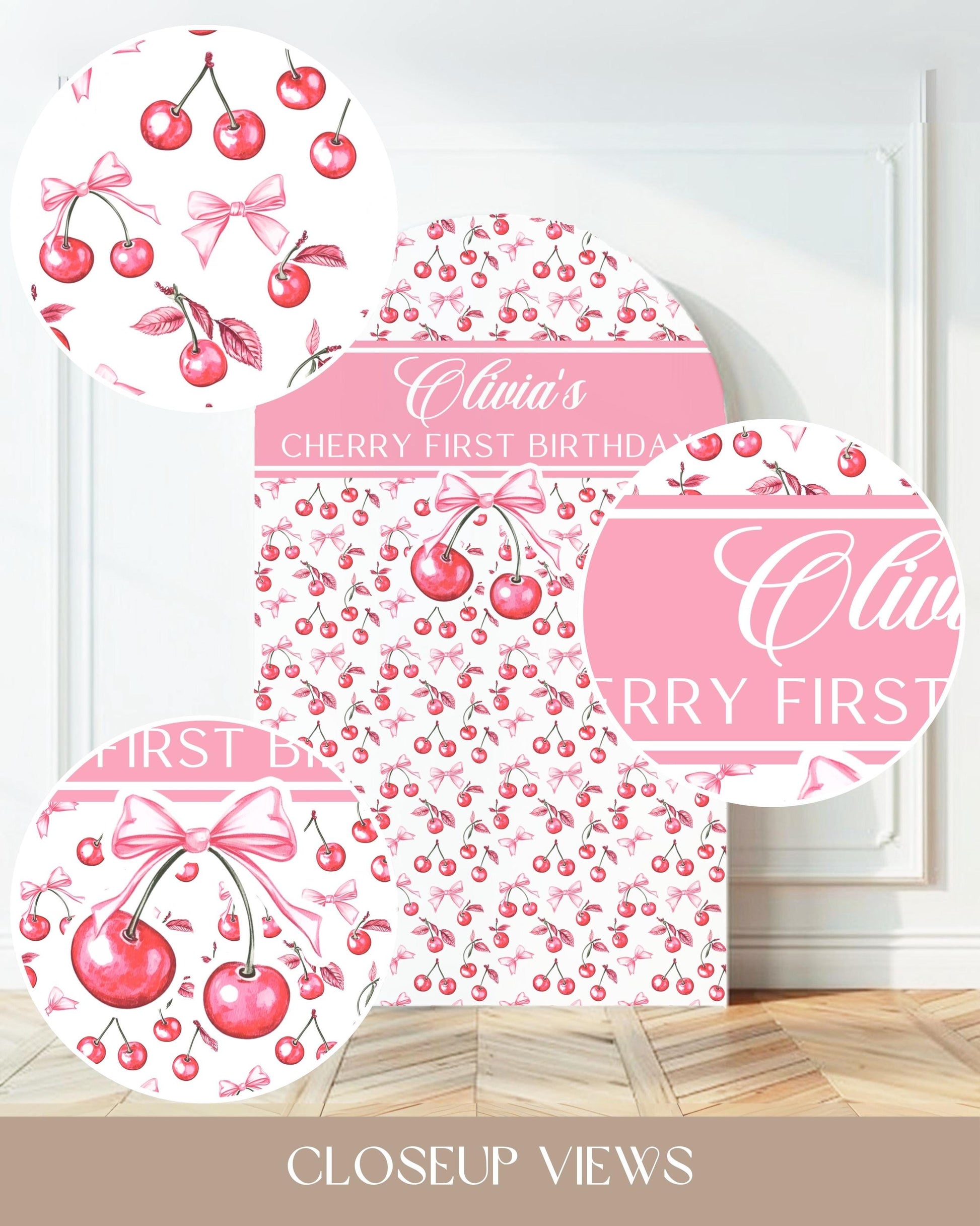 Cherry First Birthday Arch Backdrop Cherry Decor 1st Birthday Cherry Baby Shower Pink Girly Garden Party Decoration Name Cherry Bow Props - LAUMIANstudio
