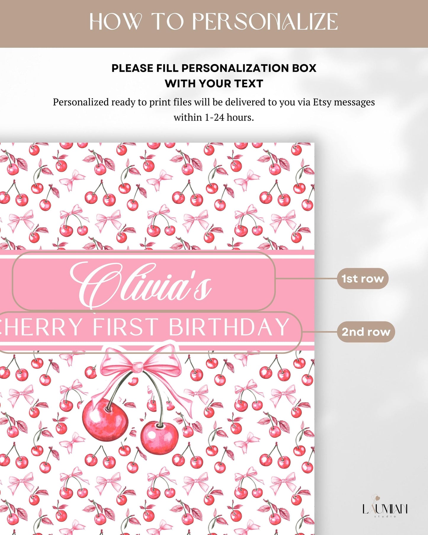 Cherry First Birthday Arch Backdrop Cherry Decor 1st Birthday Cherry Baby Shower Pink Girly Garden Party Decoration Name Cherry Bow Props - LAUMIANstudio