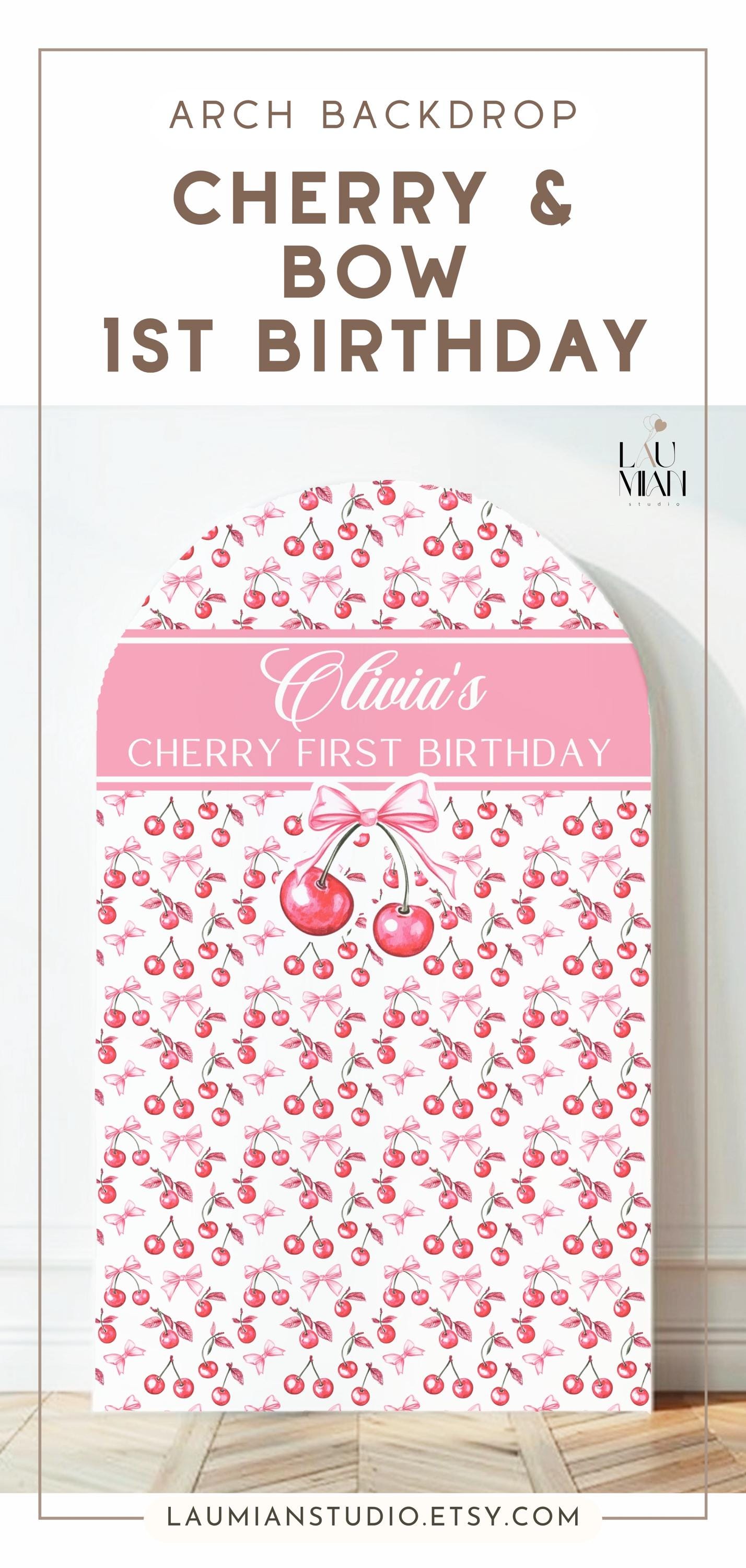 Cherry First Birthday Arch Backdrop Cherry Decor 1st Birthday Cherry Baby Shower Pink Girly Garden Party Decoration Name Cherry Bow Props - LAUMIANstudio