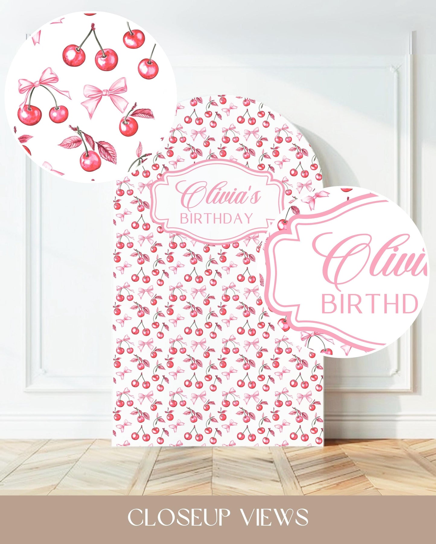 Coquette Bow Arch Backdrop Add Name Baby Shower Cherry Backdrop Personalized Cherry Arched Panel DIY Sign Cherry First Birthday Arch Panel - LAUMIANstudio