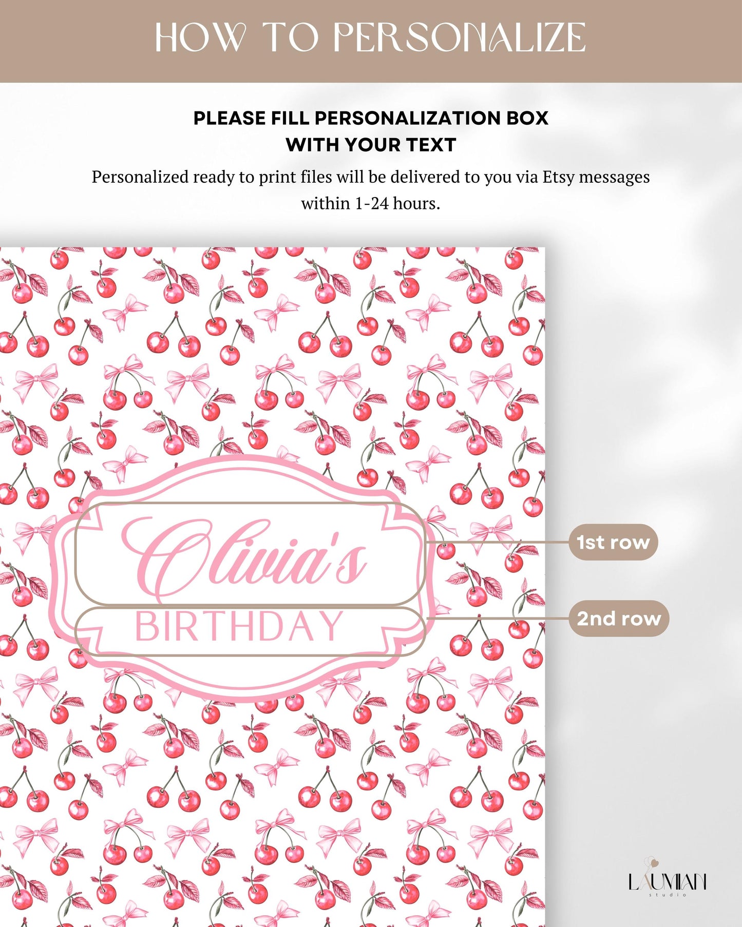 Coquette Bow Arch Backdrop Add Name Baby Shower Cherry Backdrop Personalized Cherry Arched Panel DIY Sign Cherry First Birthday Arch Panel - LAUMIANstudio