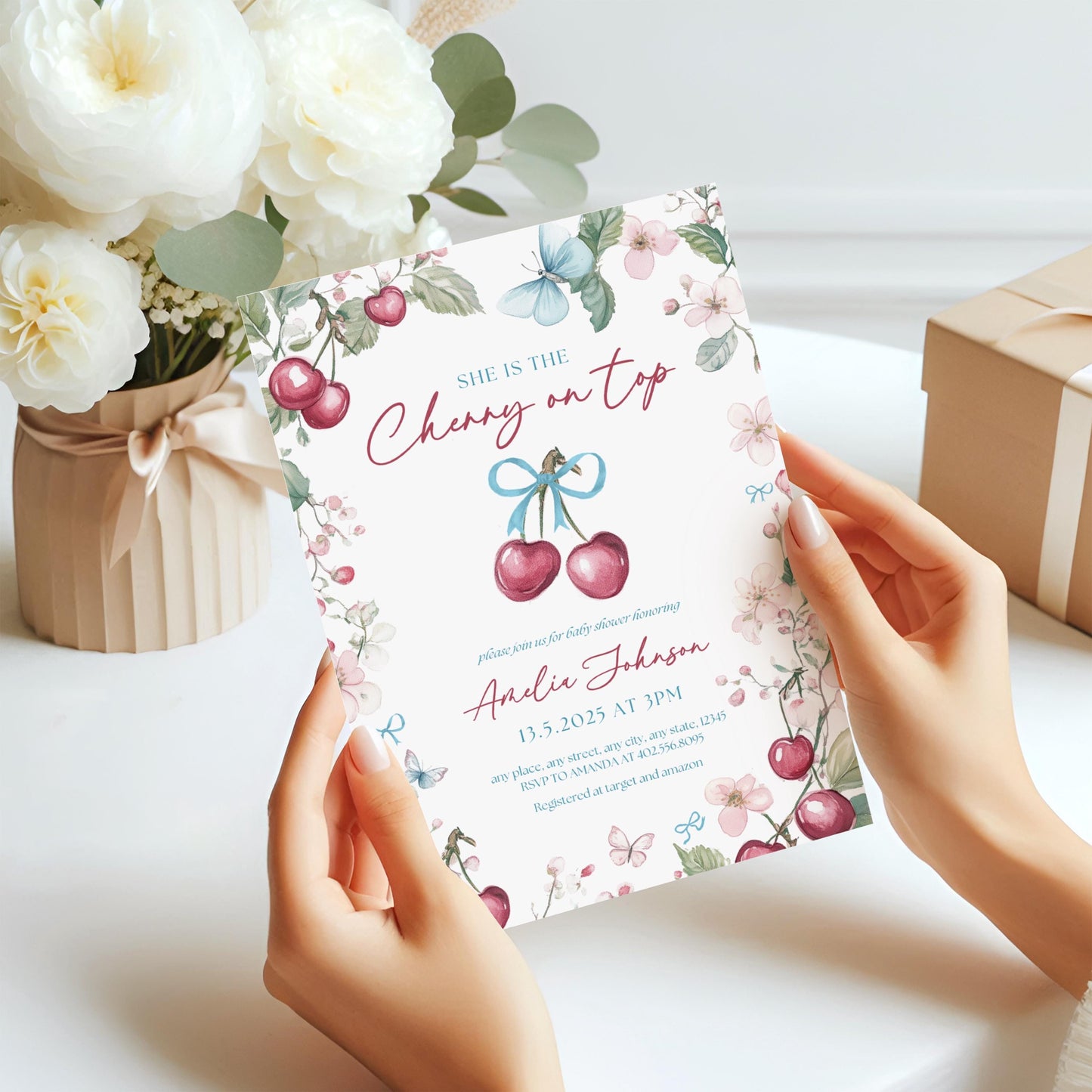 Cherry Baby Shower Invite Cherry On Top Invitation Pink Bow Coquette Invite Trendy Cherry Invitation Spring Cherry Blossom Invite Template - LAUMIANstudio