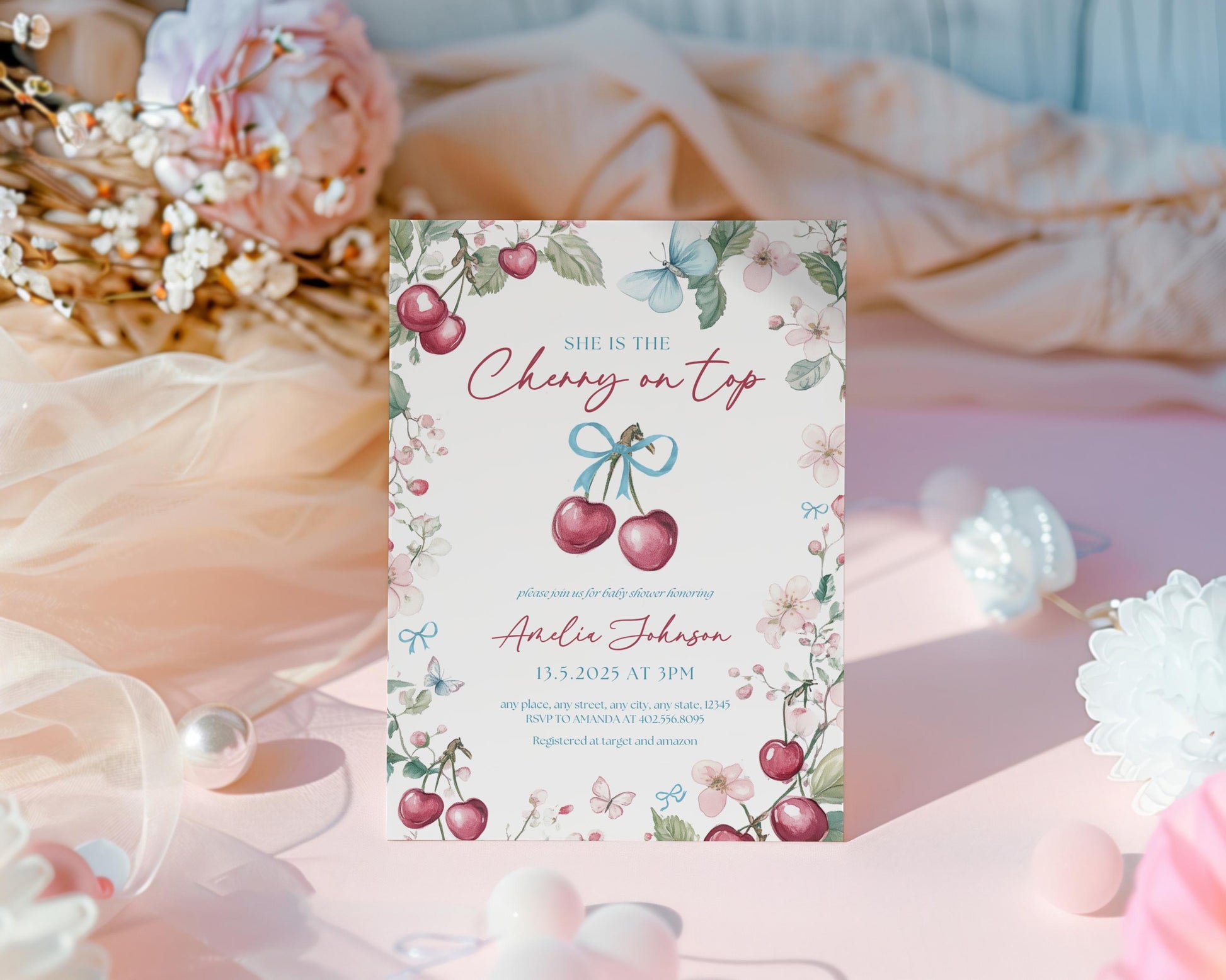 Cherry On Top Invitation Cherry Spring Baby Shower Invite Cherry Baby Shower Invitation Baby in Bloom Invite Cherry Blue Bow Baby Shower - LAUMIANstudio