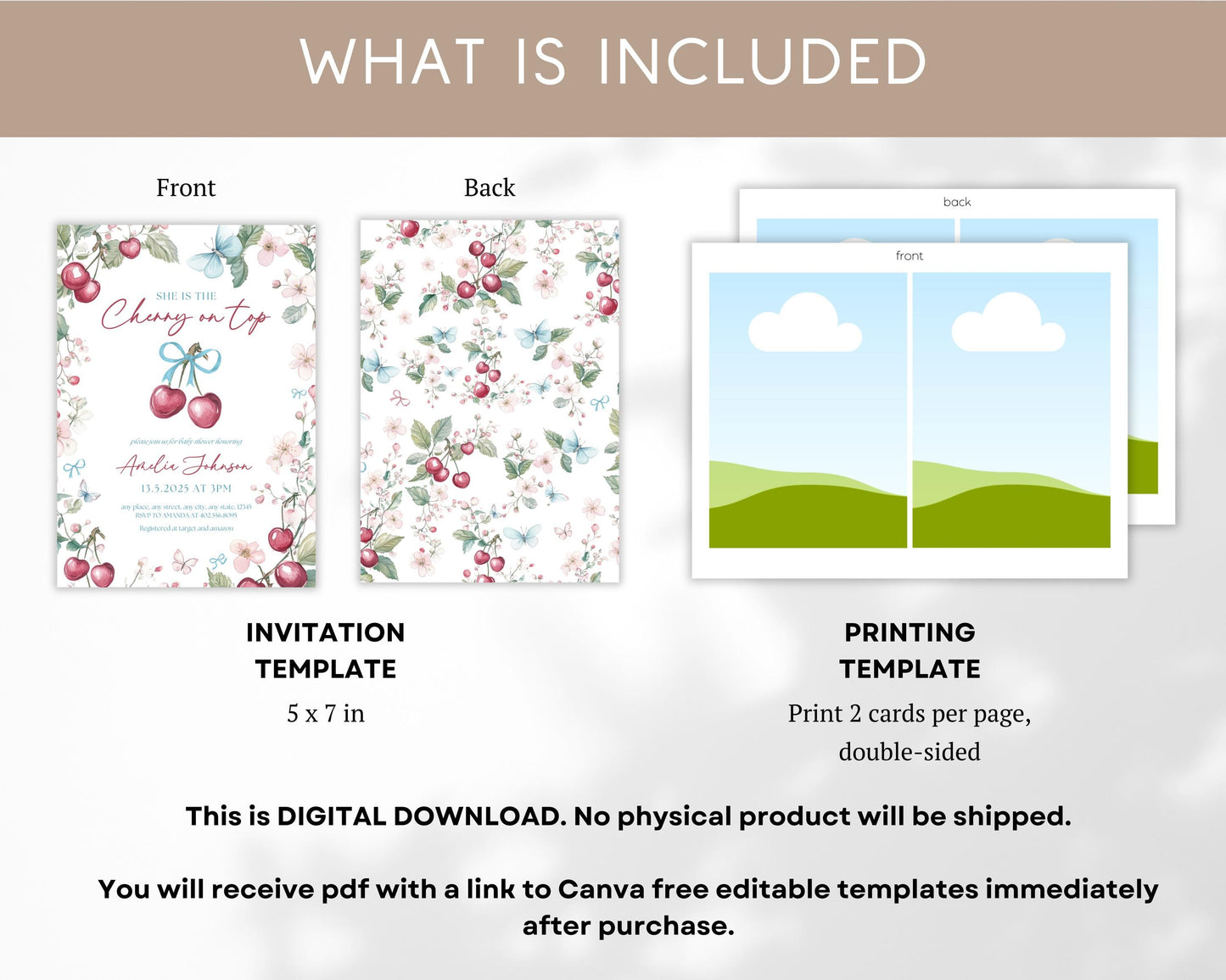 Cherry Baby Shower Invite Cherry On Top Invitation Pink Bow Coquette Invite Trendy Cherry Invitation Spring Cherry Blossom Invite Template - LAUMIANstudio