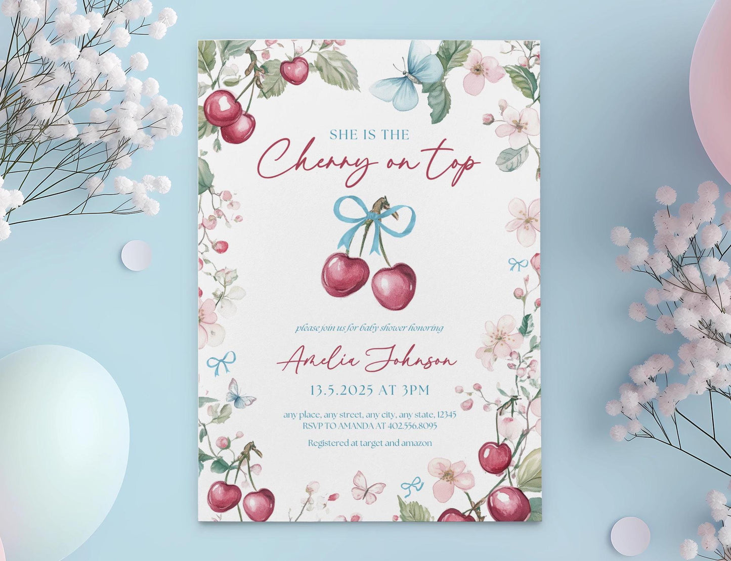 Cherry Baby Shower Invite Cherry On Top Invitation Pink Bow Coquette Invite Trendy Cherry Invitation Spring Cherry Blossom Invite Template - LAUMIANstudio