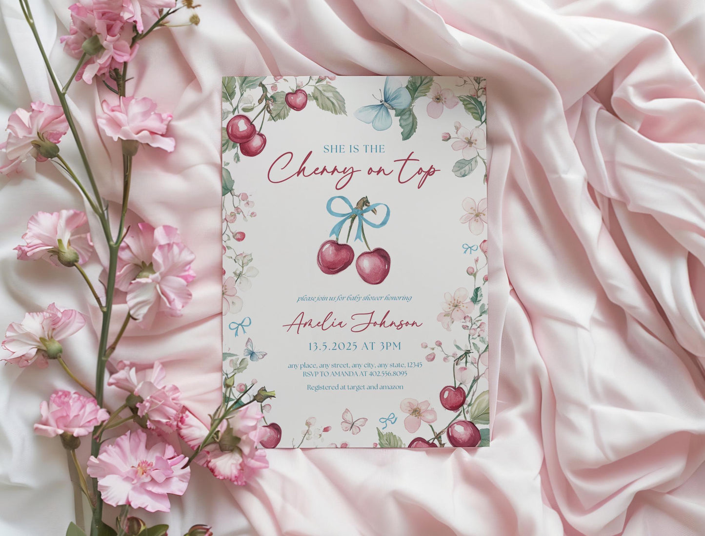 Cherry On Top Invitation Cherry Spring Baby Shower Invite Cherry Baby Shower Invitation Baby in Bloom Invite Cherry Blue Bow Baby Shower - LAUMIANstudio