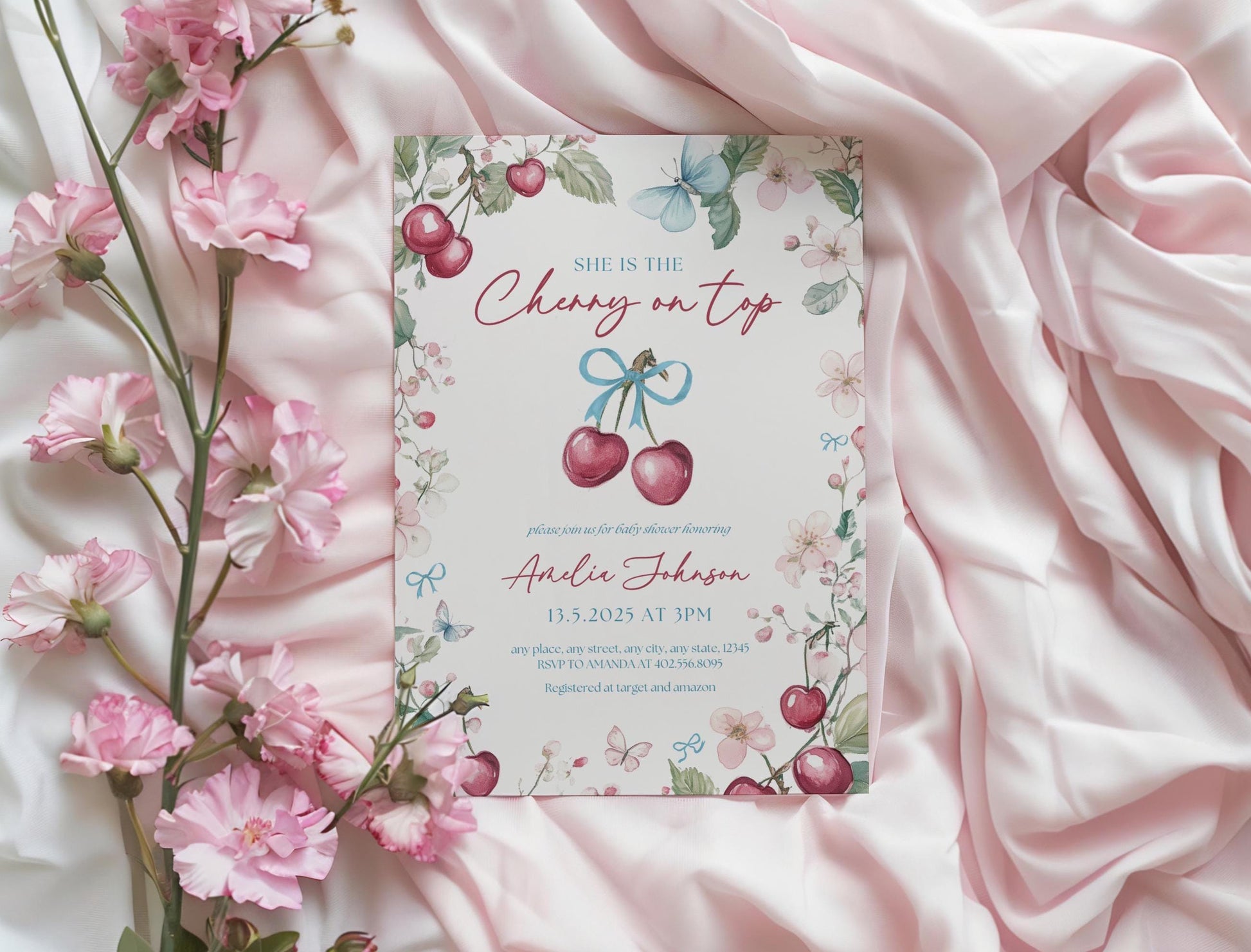 Cherry Baby Shower Invite Cherry On Top Invitation Pink Bow Coquette Invite Trendy Cherry Invitation Spring Cherry Blossom Invite Template - LAUMIANstudio