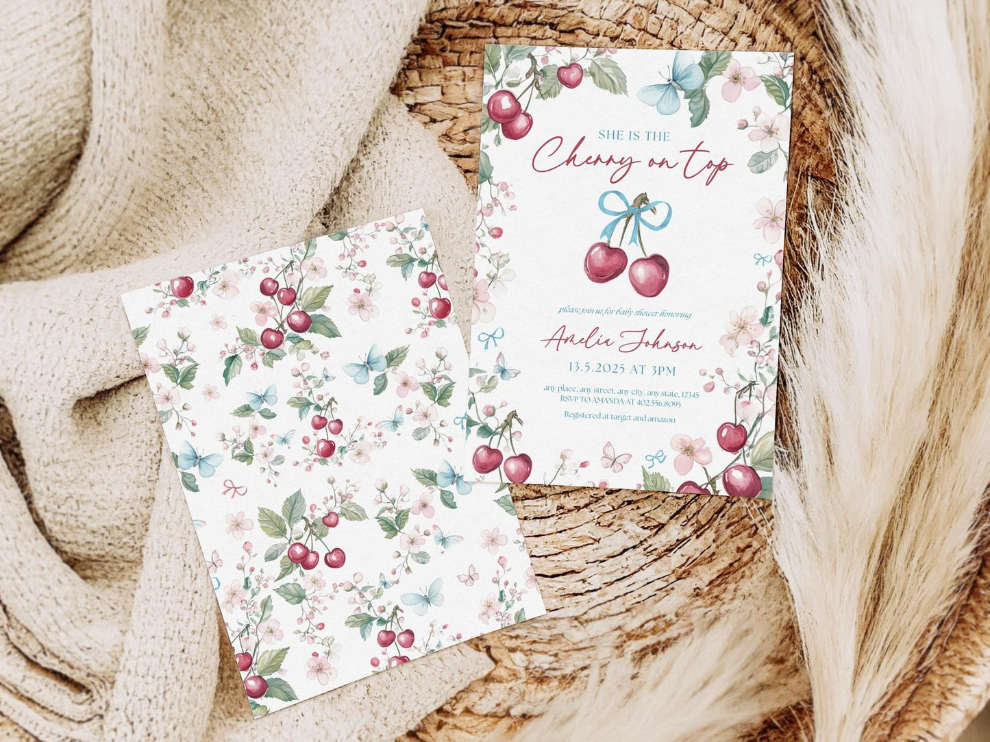 Cherry On Top Invitation Cherry Spring Baby Shower Invite Cherry Baby Shower Invitation Baby in Bloom Invite Cherry Blue Bow Baby Shower - LAUMIANstudio