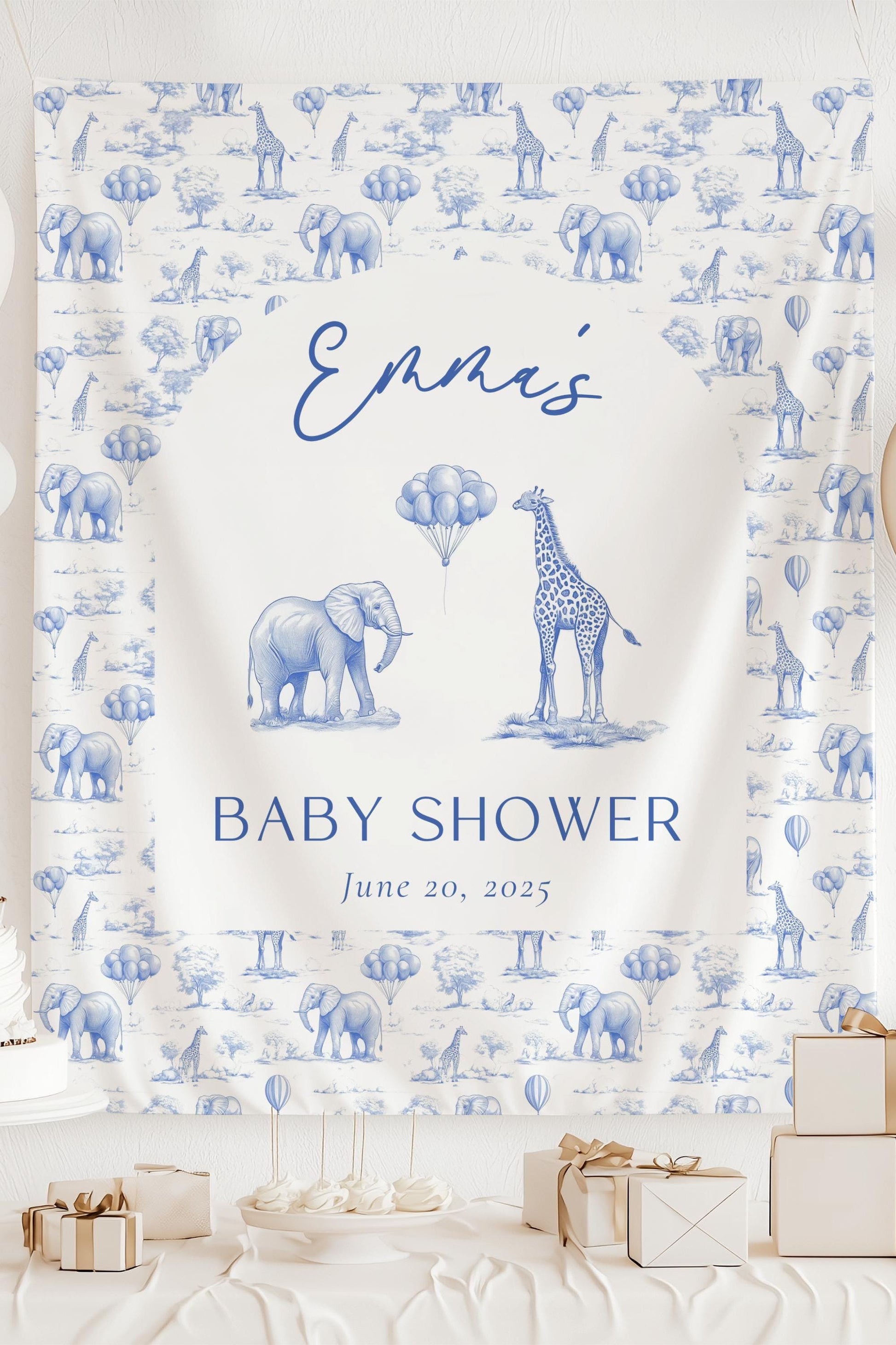 Blue Toile Custom Wall Tapestry Baby Shower Dusty Blue Decor Baby Shower Baby Boy Wall Decoration Blue Chinoiserie Baby Shower Wall Tapestry - LAUMIANstudio